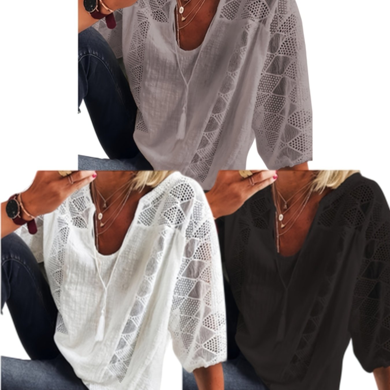 3pcs Women's 3/4 Sleeve Lined Set Top- Light -neck Casual Loose Fit Shirt With Geometric Eyelet Details, High-quality Autumn T-shirt, Suitable For Layering Or Wearing Alone
