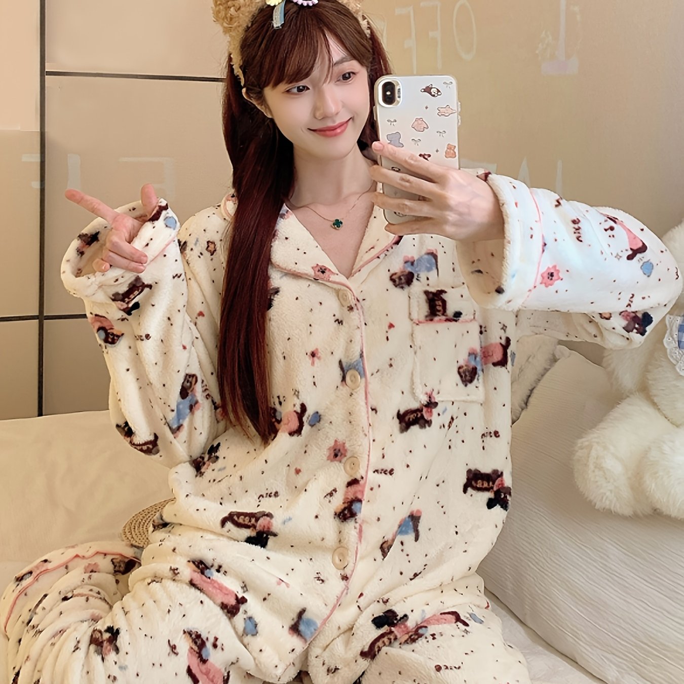 TEMU Women's Autumn/winter Pajama Set, Cardigan With Turn- Collar, Cartoon Coral Flannel Warm Long Sleeve And Pants Loungewear