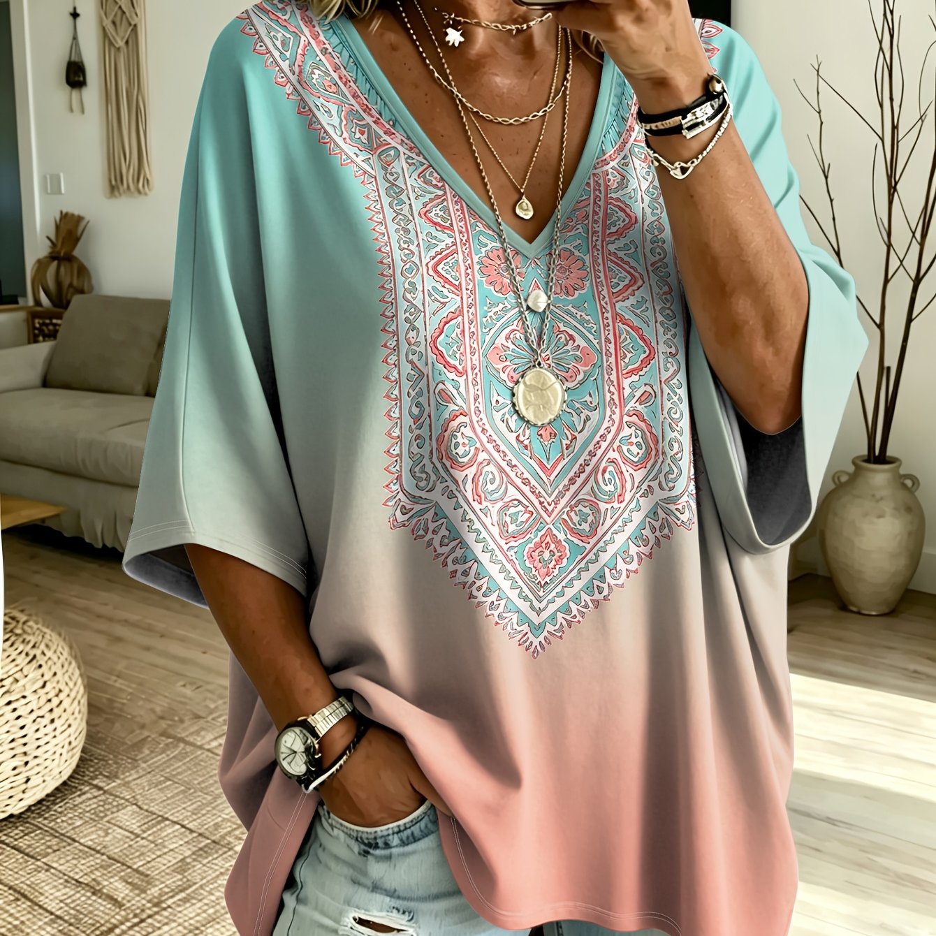 TEMU Plus Size, Plus Size Women's V-neck Batwing Sleeve T-shirt, Bohemian Ethnic Print Loose , Summer Comfortable And Breathable, Versatile For Daily