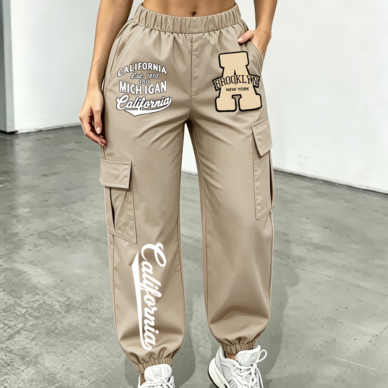 TEMU New Arrival - Women's Long Pants, Sold Individually, Printed, Multi-pocket Cargo Pants Style, Long Pants For Fashionable Aged 18-25, Machine