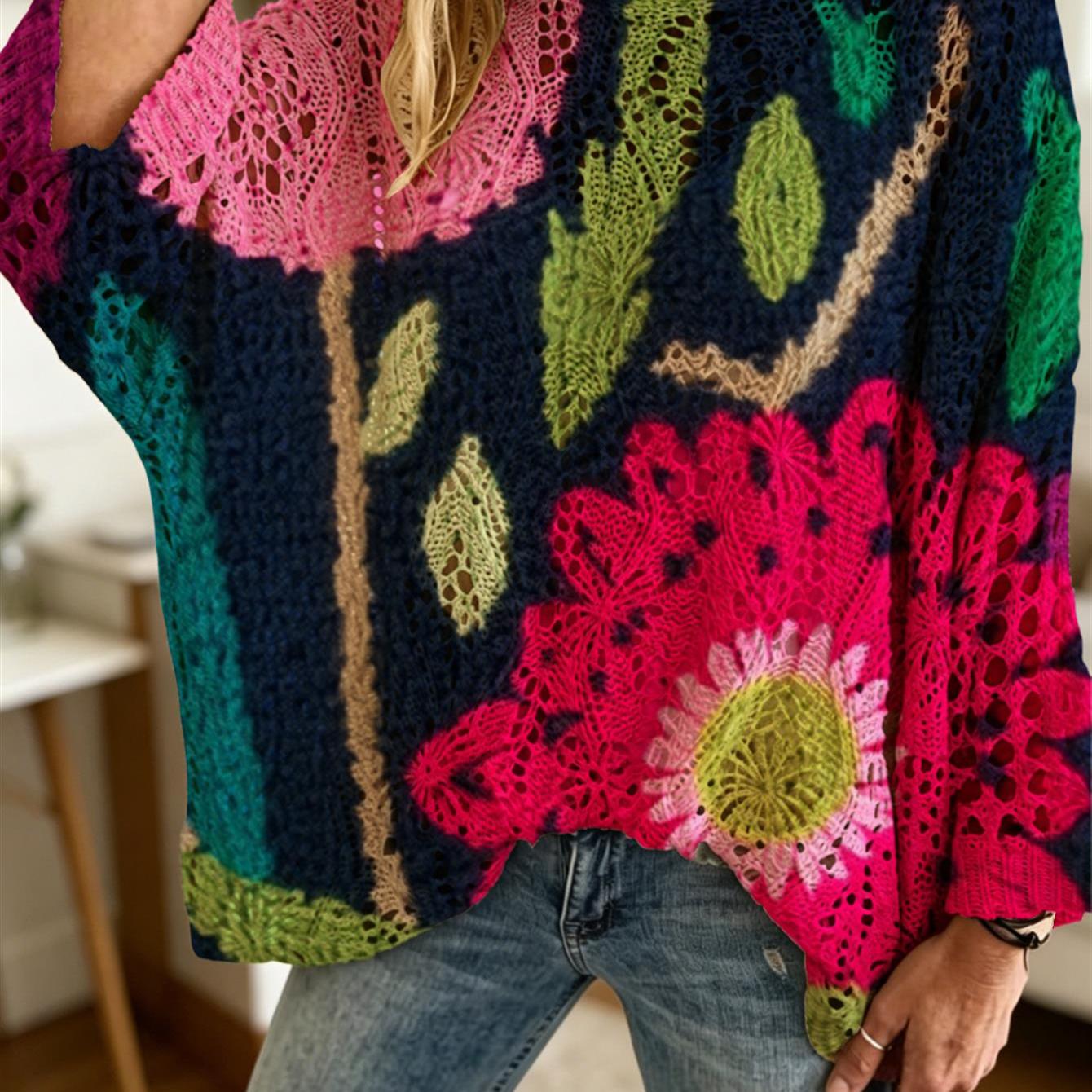 Image of Womens Navy Blue Floral Sweater With Pink Tulips And Magenta Daisies, Boat Neck Diamond Cutout Batwing Sleeve Loose Fit Long Top For Beach Vacation, Casual Office Wear, And Bikini Cover-up