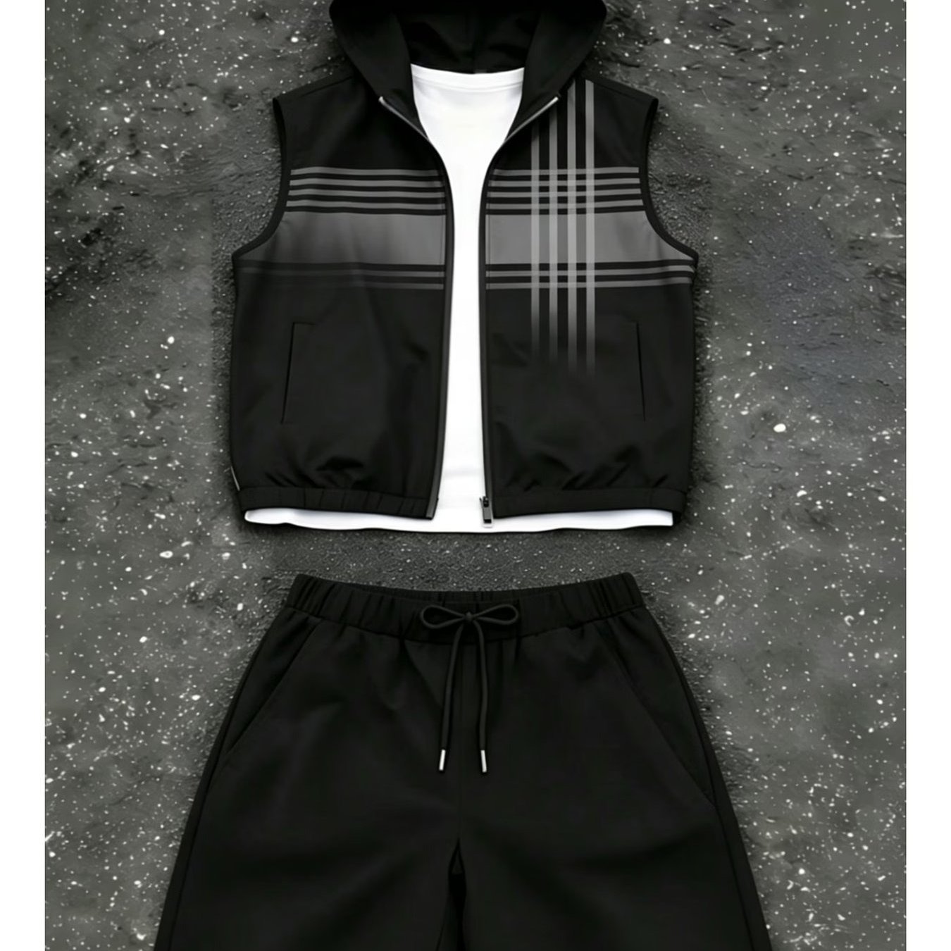 Image of Men's Casual Suit Hooded Men's Suit, Street Style Casual Trendy Striped Gradient Print Sleeveless Jacket And Shorts, Adult Men's Fashionable Casual Sportswear, Holiday Gift