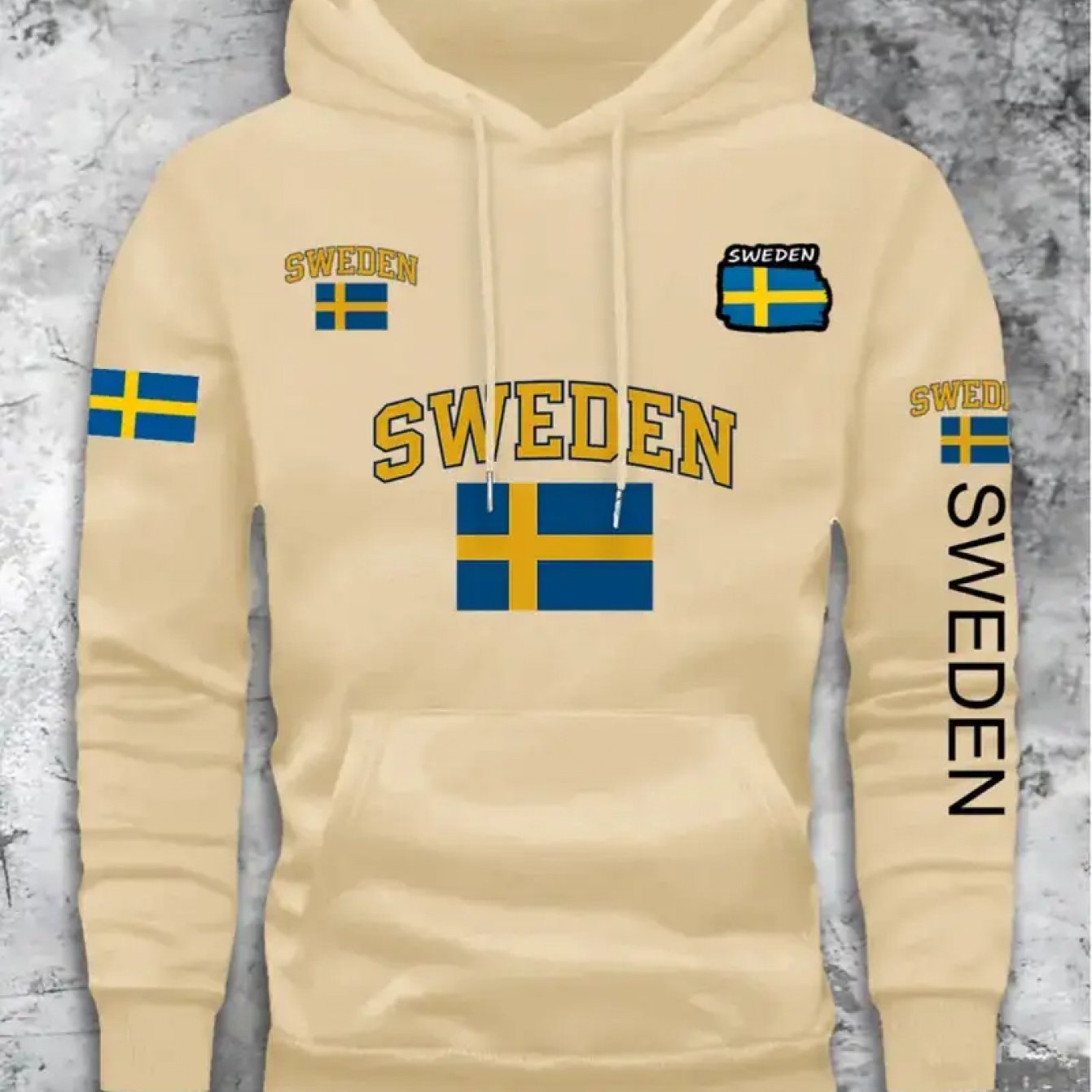 TEMU Men's & Teen Swedish Flag Hoodie - Heavyweight 250g Fleece Pullover With Sweden Emblem & Swedish Lettering, Beige/ Winter Sweater For Swedish