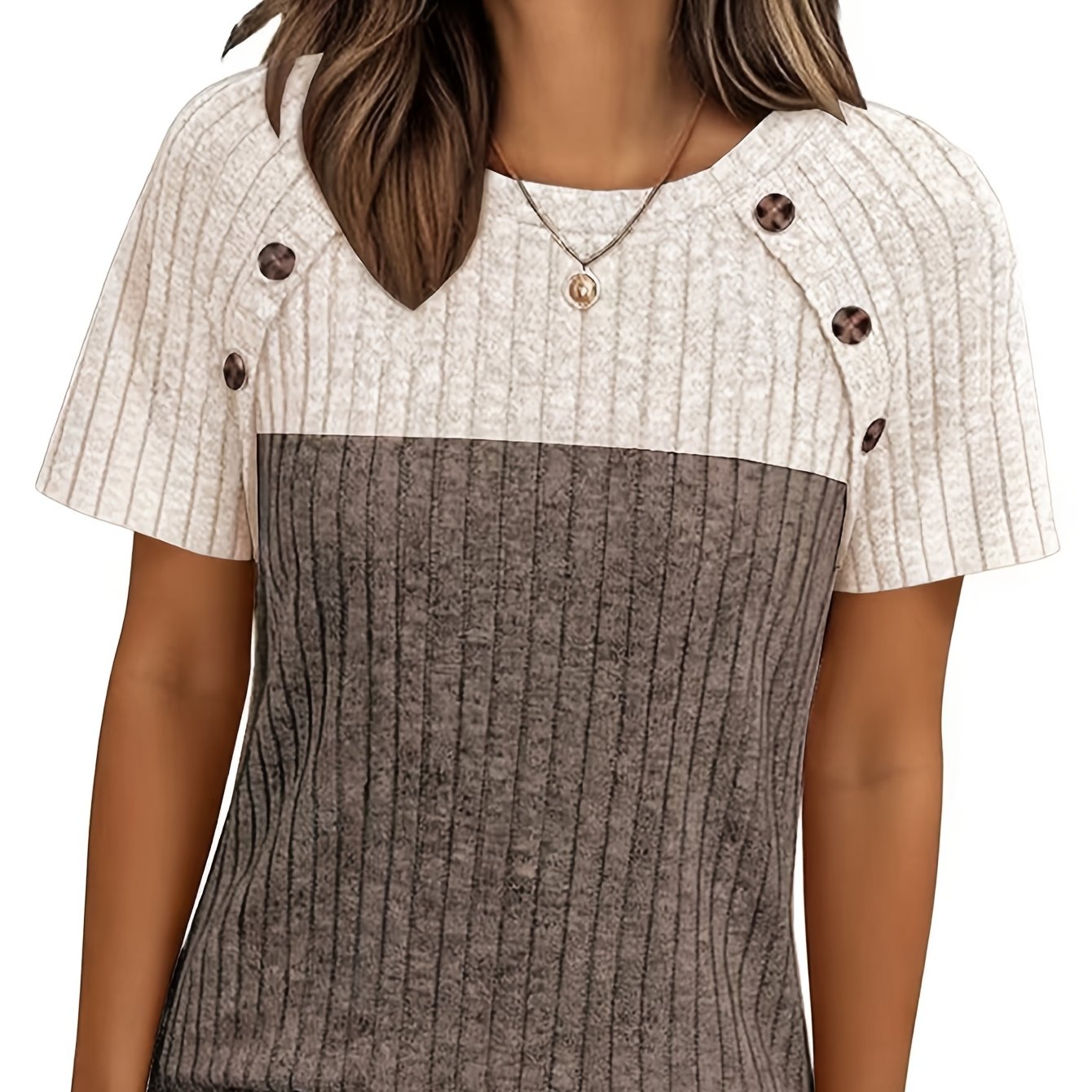 E-shop Damen Bequemes Oberteil Elegantes Locker Basic Shirt Rundhals Bindeknopf T-Shirt Lässiger Color-Block Kurzarm Pullover