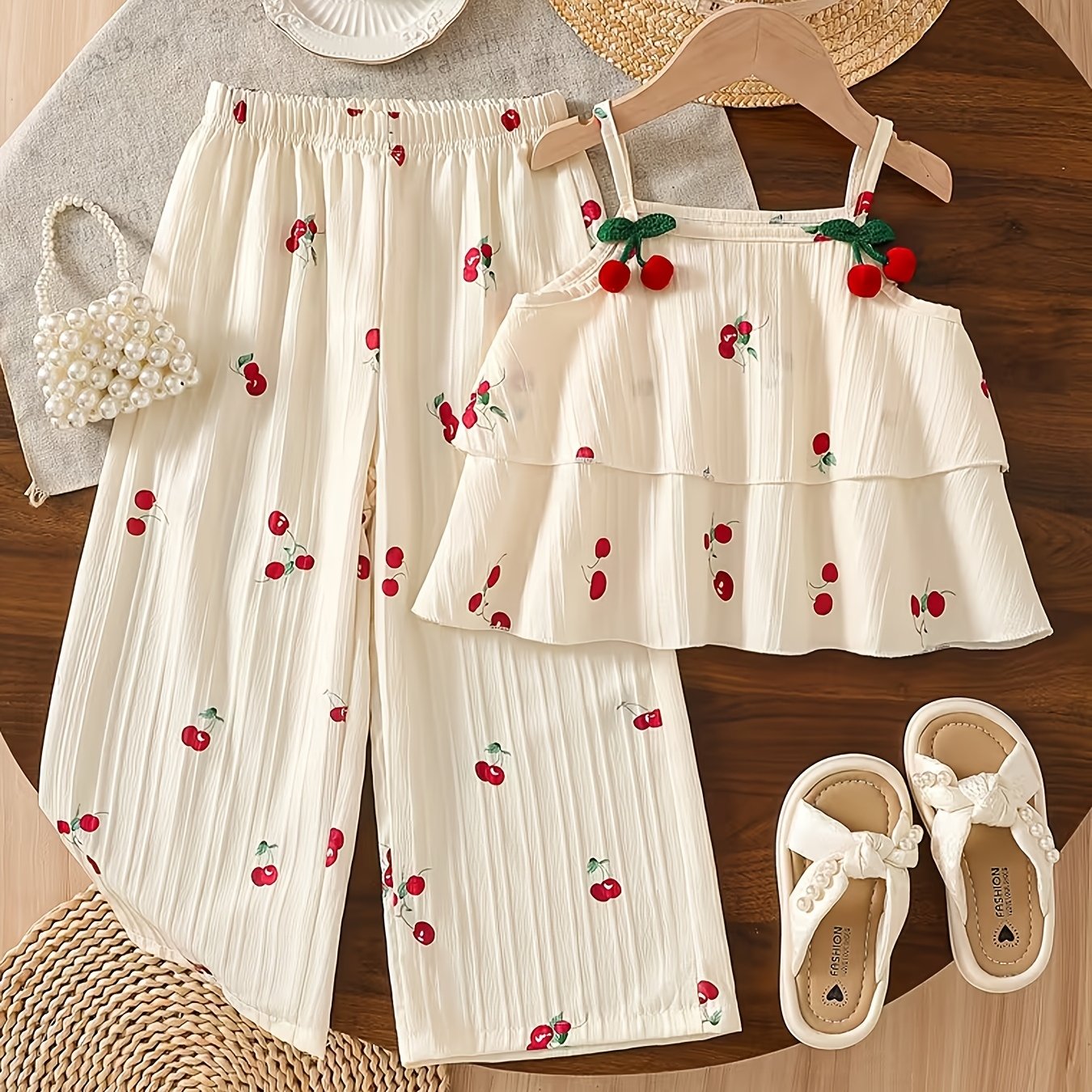 Image of 2pcs Girls' Summer Set With Spaghetti Strap Top And Thin Long Pants, Outdoor Clothing For Girls, Perfect For Outdoor