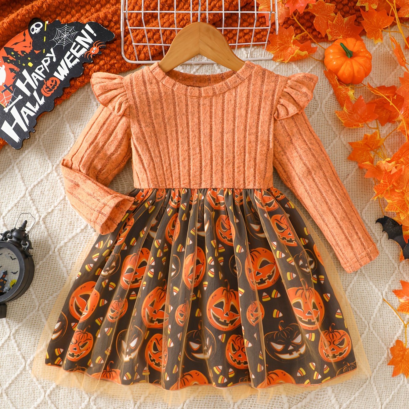 Girls' Big Striped Round Neck Long Sleeve Short Flutter Sleeves Santa Reindeer Print Dress Autumn Cute Party Skirt Suitable For Casual Outdoor Activities Halloween Christmas Party Dress
