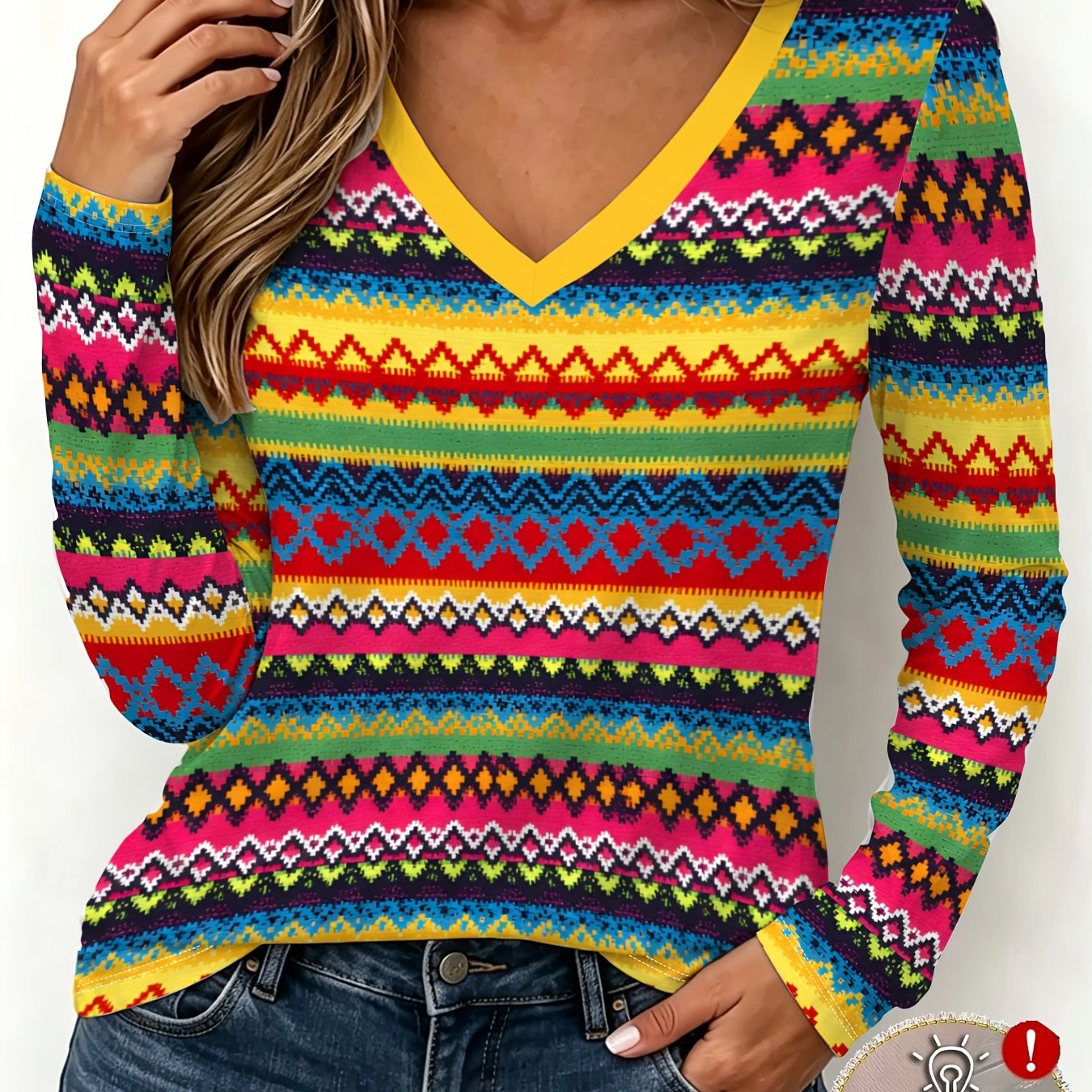 TEMU Women's Fashion T-shirt, Mixed Colors, Multi-sizes , Fabric, Vibrant Striped Geometric Pattern, , Dynamic Festive Look, Suitable For Casual