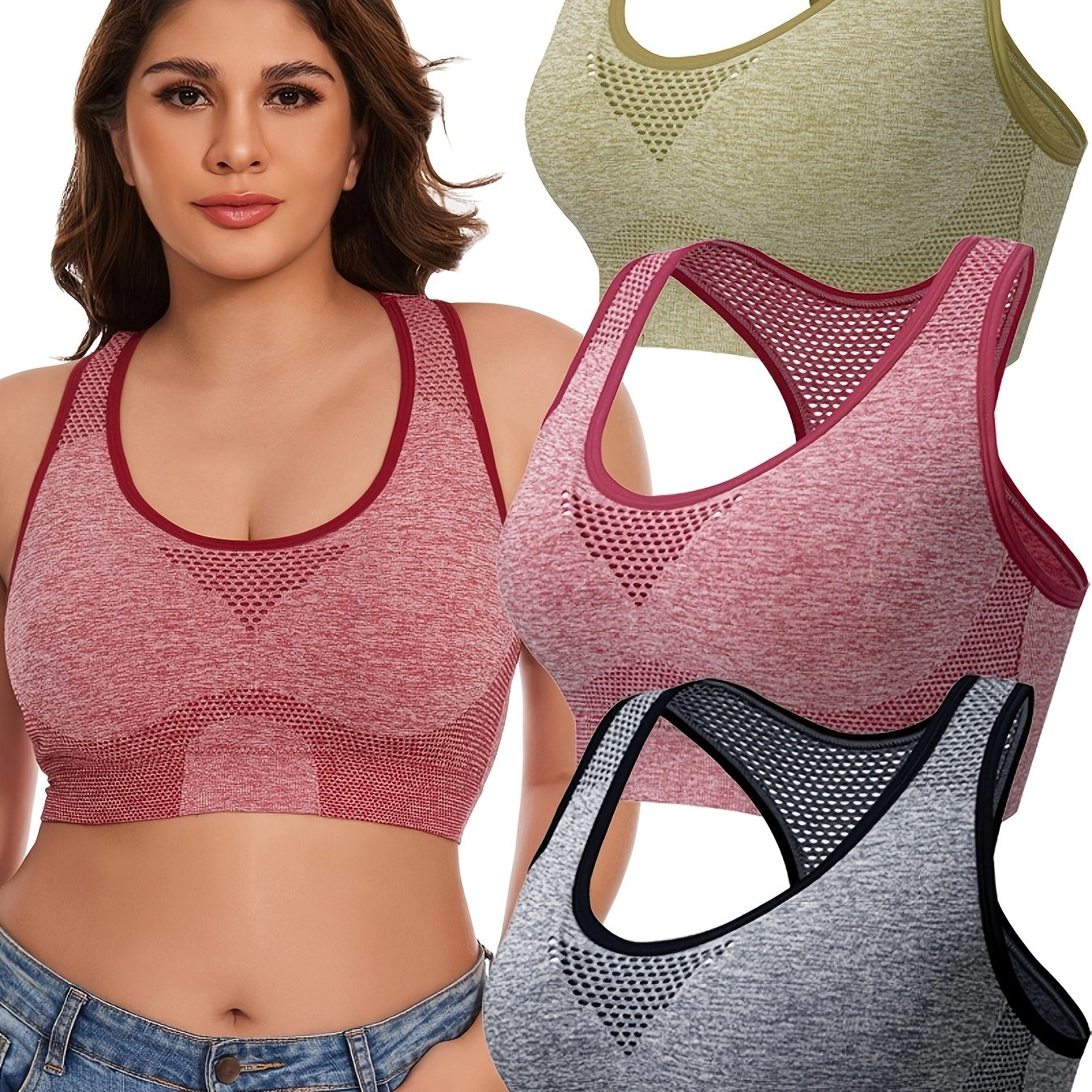 Image of New Cross-border Sports Bras, Breathable Underwear In Plus Sizes, Wireless And Seamless With Hollow Mesh Design, Lightweight For Sports And Yoga. Bras In Plus Sizes
