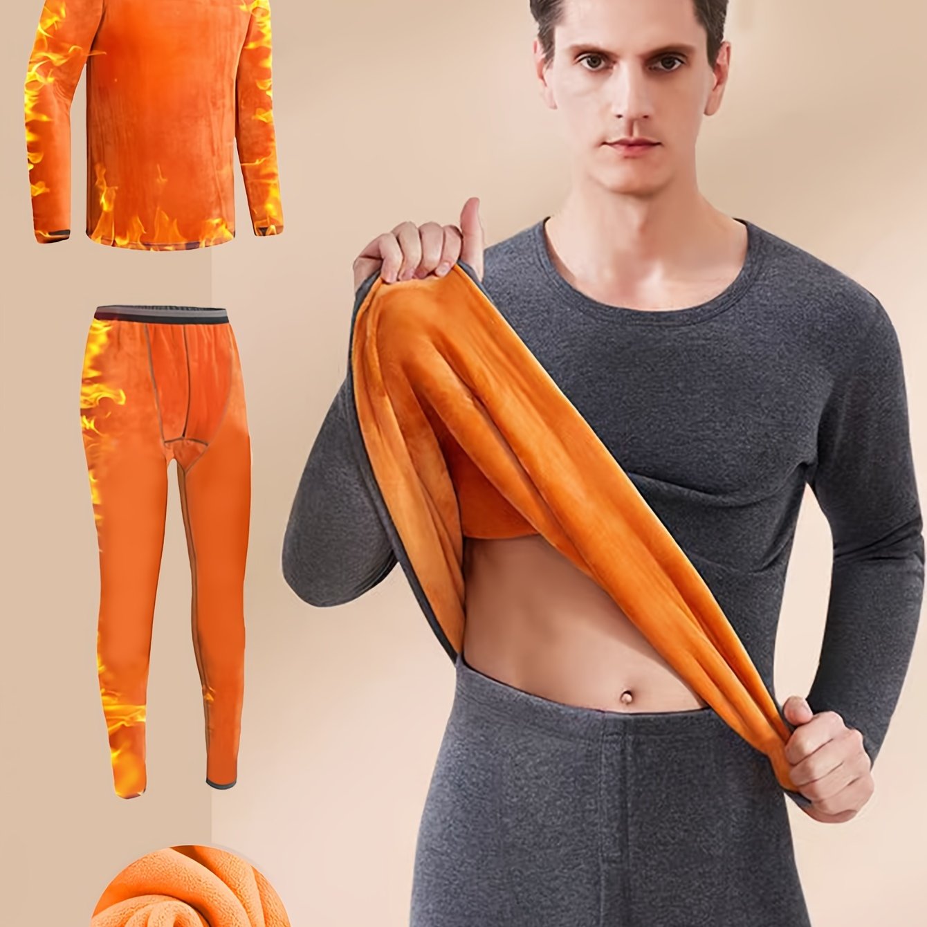 TEMU Men's Winter -lined Thickened Warm Set For Middle-aged And Young Adults, Loose-fit Extra-thick Cold-proof Underwear Top And Pants Set, Winter