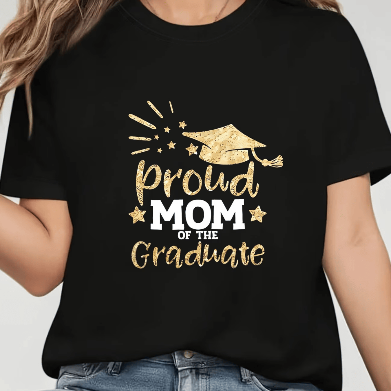 TEMU Graduation Season Mom Of Text Print Women's Round Neck Short Sleeve T-shirt For Spring Summer