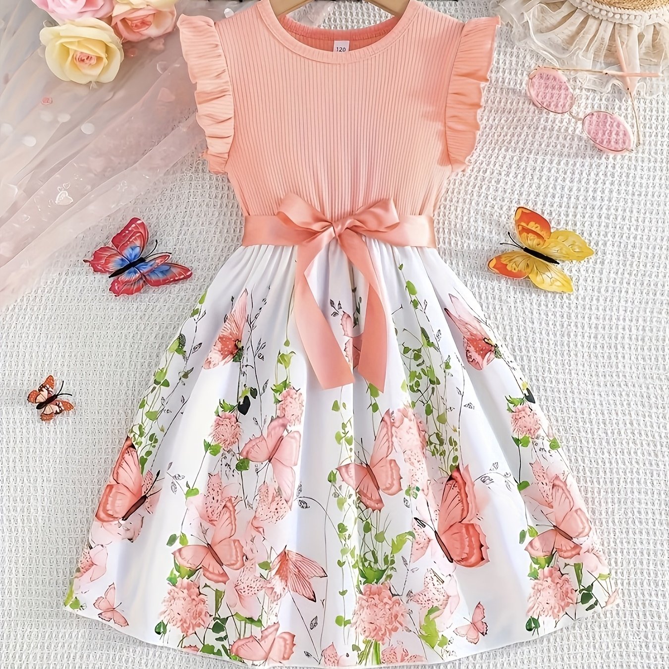 Image of Girls' Print Round Neck Sleeve Dress With Belt, Perfect For Gifting, Holiday/party/casual Outing/outdoor