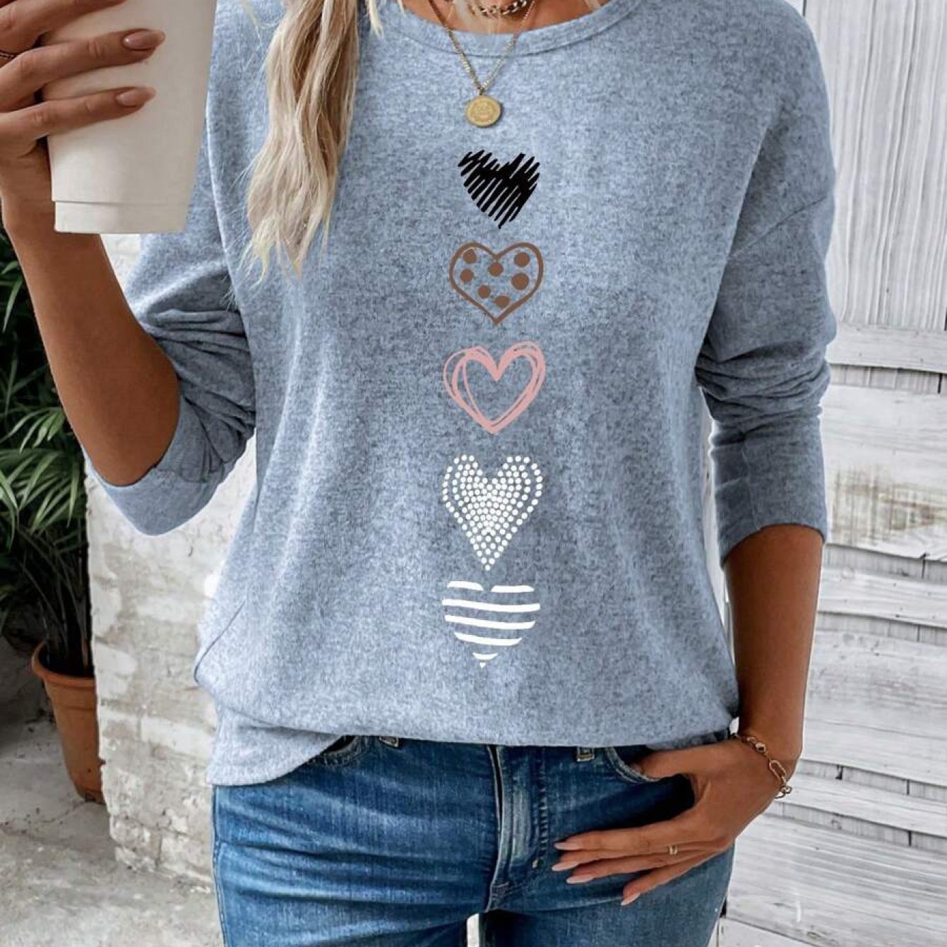 TEMU Plus Size - Plus Size - Women's Casual Heart Print Long Sleeve T-shirt, Autumn Graphic Tees Women Tops For