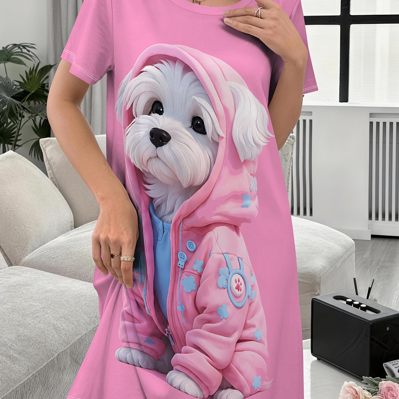 TEMU Women's Nightgown, Pink Hooded Nightgown With Cute Puppy Print, Comfortable For Indoor Wear, Ladies' Nightdress, Elegant Women's Clothing For