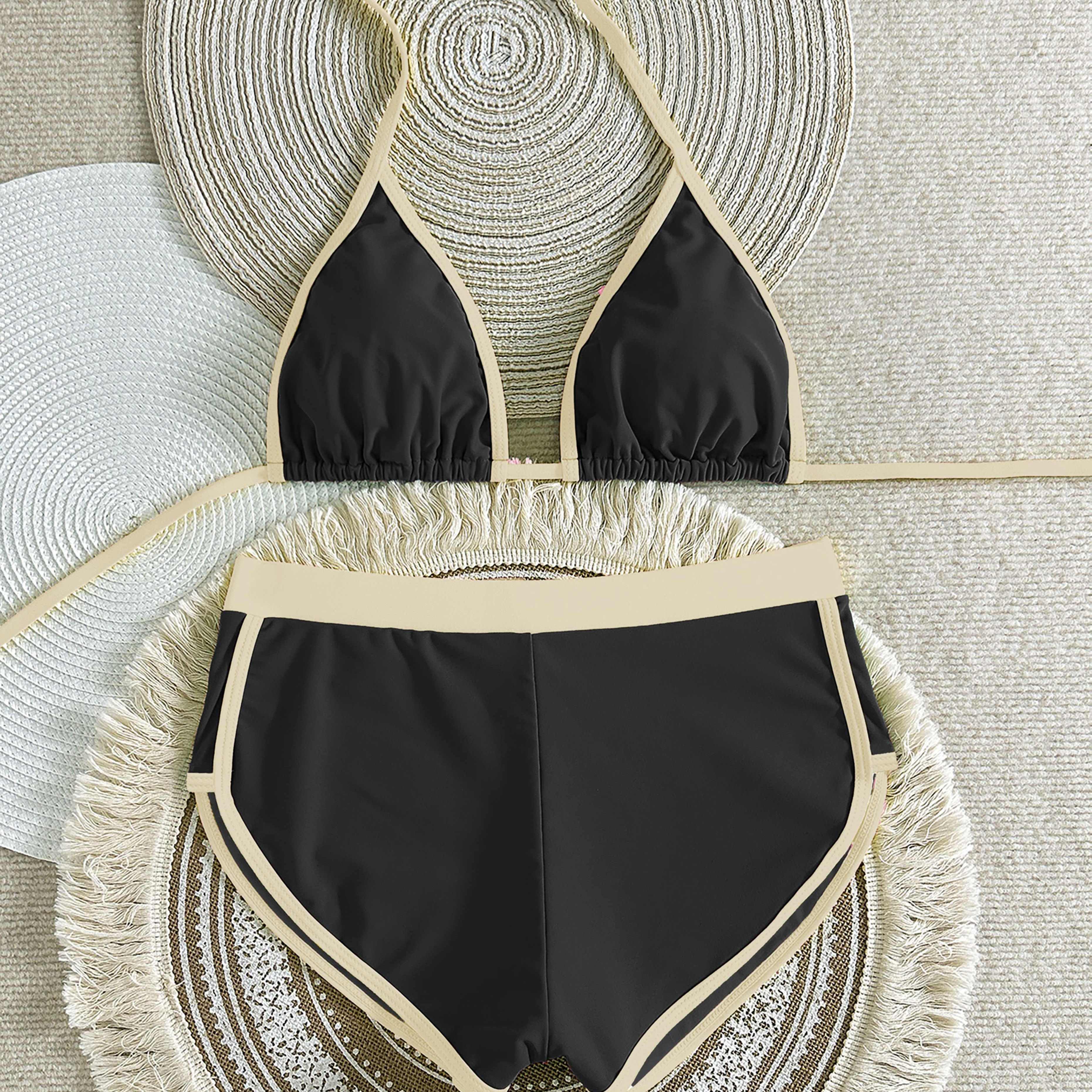 TEMU Ensemble bikini rétro Color Block, haut triangle halter et short garçon, maillot de bain pièces sexy