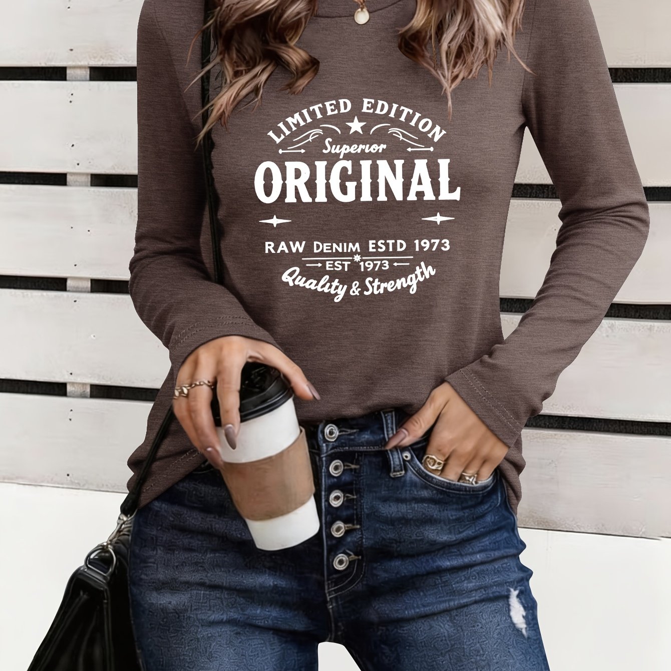TEMU Autumn Women's Casual Crew Neck Long Sleeve T-shirt With " Edition Superior Denim Estd 1973" Text_10870