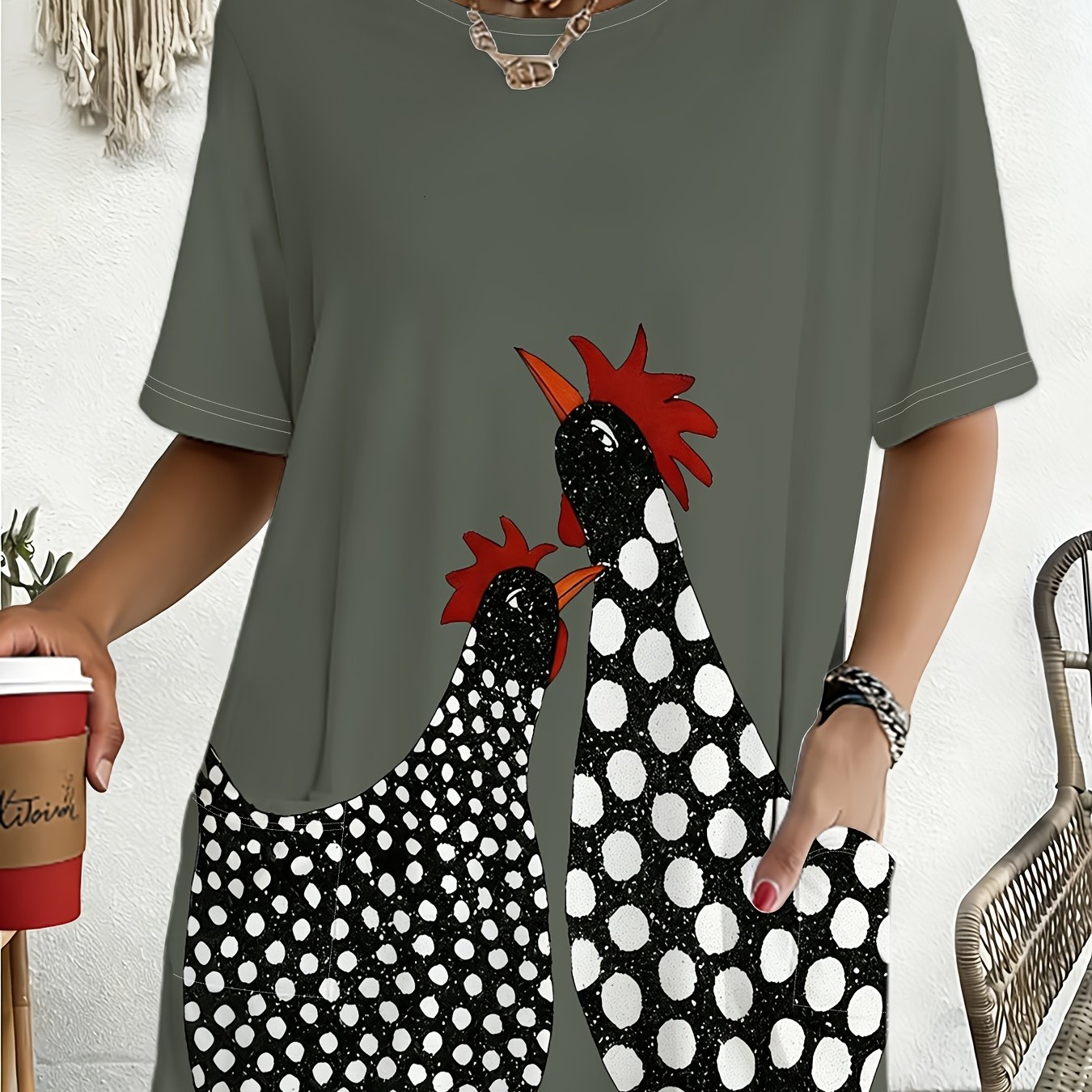 TEMU Gray Polka Dot Hen Pattern Loose Short-sleeve T-shirt, Women's Casual Printed Top, Plus Size Crew Neck Trendy T-shirt