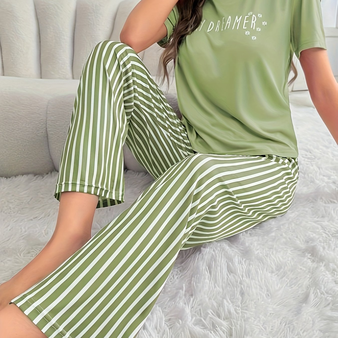 E-shop Letter Print Kurzarmoberteil Gestreifte Pyjama-Set