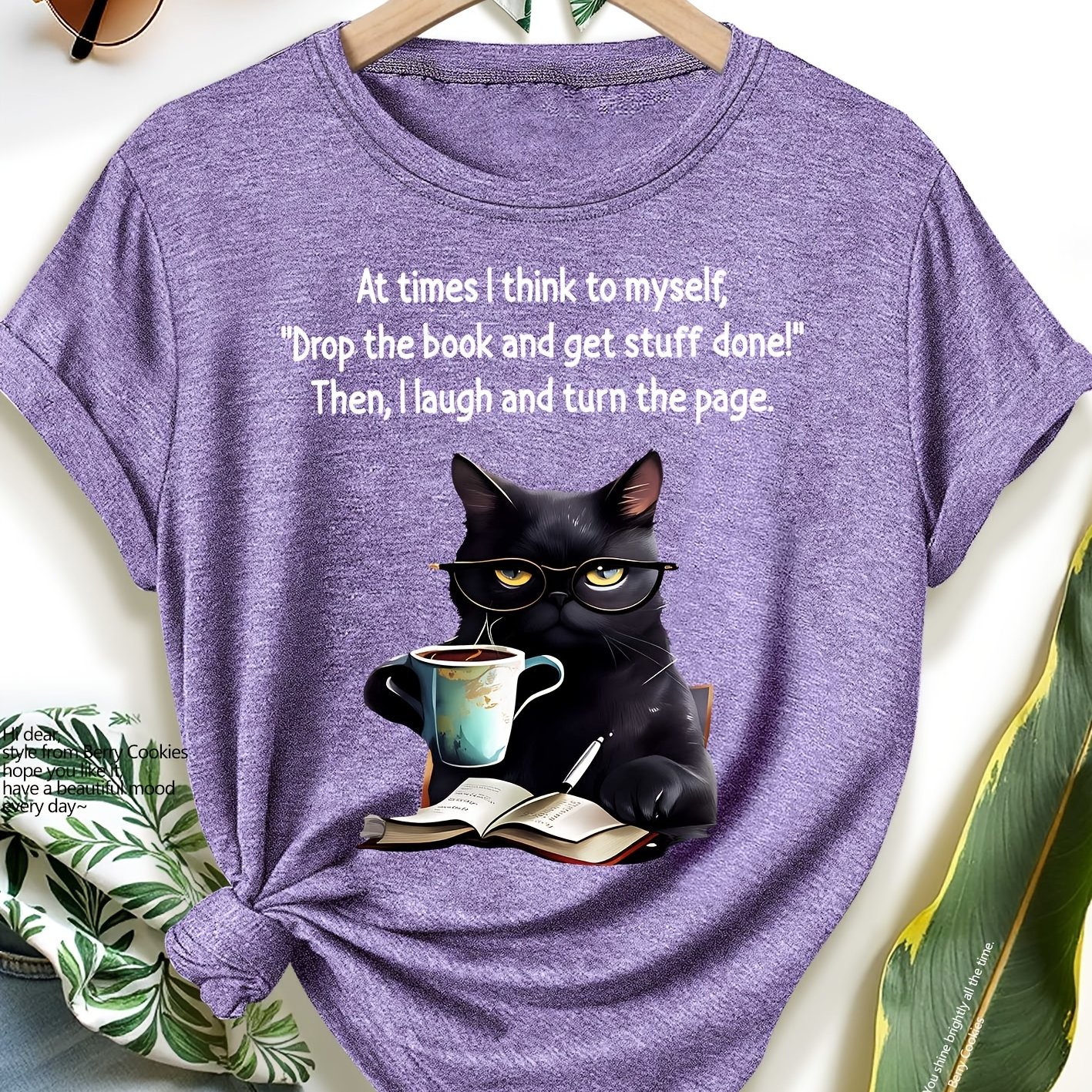 TEMU 2026 New Style Women's Short-sleeved T-shirt Black Cat Reading And Putting The Book To Spring Summer And Autumn Elegant Versatile Casual Sports