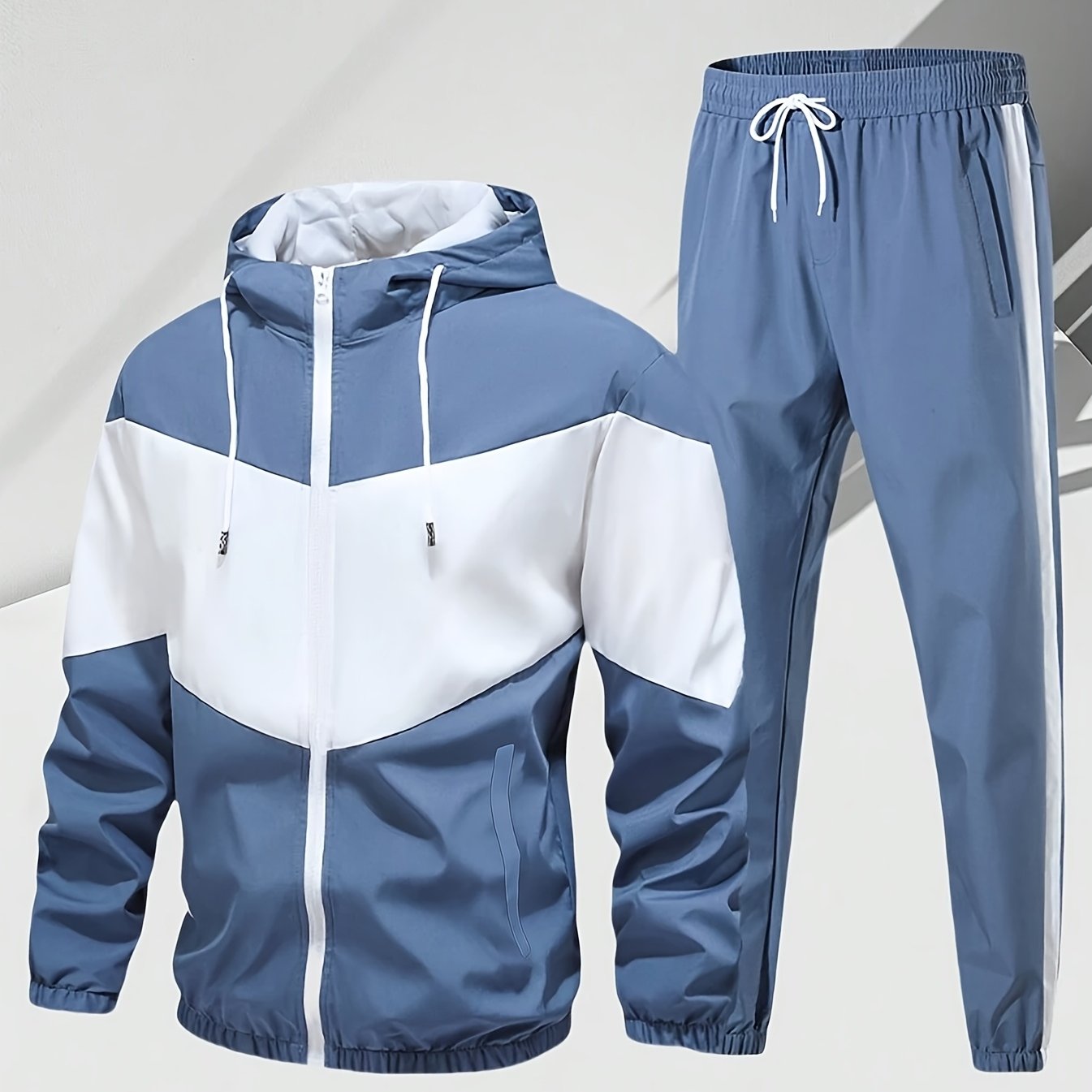 E-shop Herren Freizeit-Sportbekleidungsset 2-teilig Unisex Paar Frühling und Herbst Lockerer Farbblock-Outfit mit Kapuzenjacke mit Reißverschluss