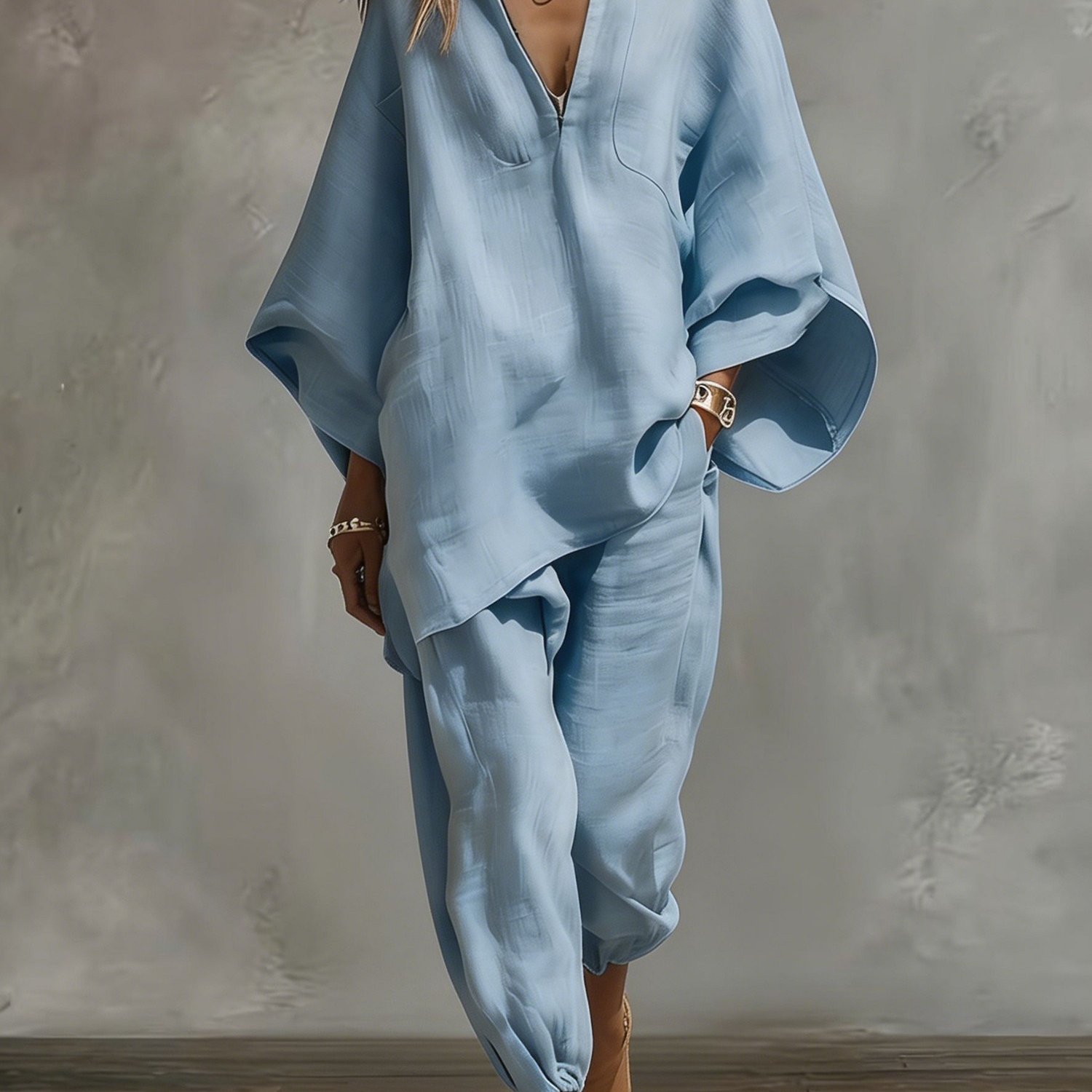 TEMU Plus Size! 2pcs Outfit, Half-zip V-neck Batwing Sleeve Top And Elastic Cuff Jogger Pants, Casual Loose-fit Breathable Co-ord Set For And Daily