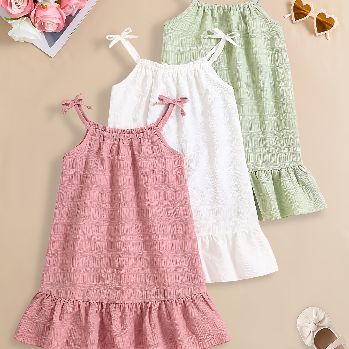 Image of Three-piece Summer 3d Flower Halter Casual Dress, Ruffle , Comfortable And Breathable Fabric, Suitable For Outdoor Sports, Ideal As A Gift