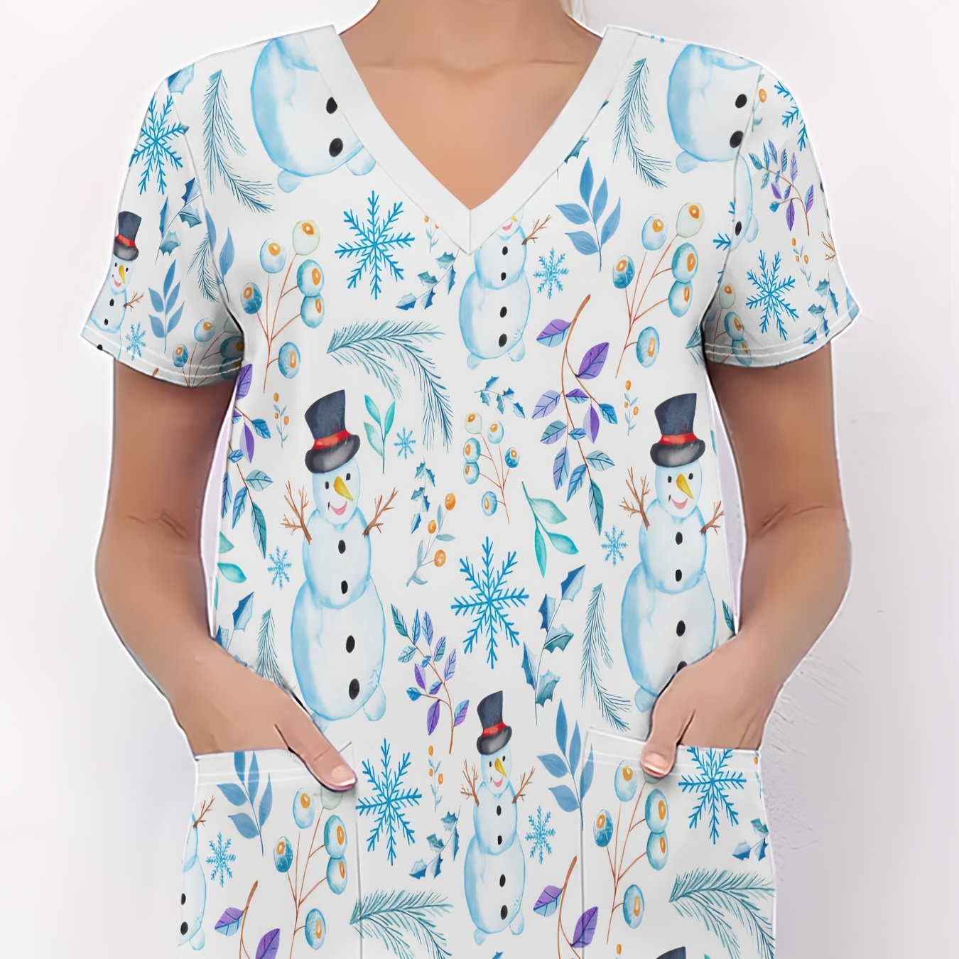 TEMU Christmas Women's Nurse Uniform, Winter Pattern Printed T-shirt With Snowman, Snowflakes, And Plants, Soft And Stretchy, Christmas V-neck Top
