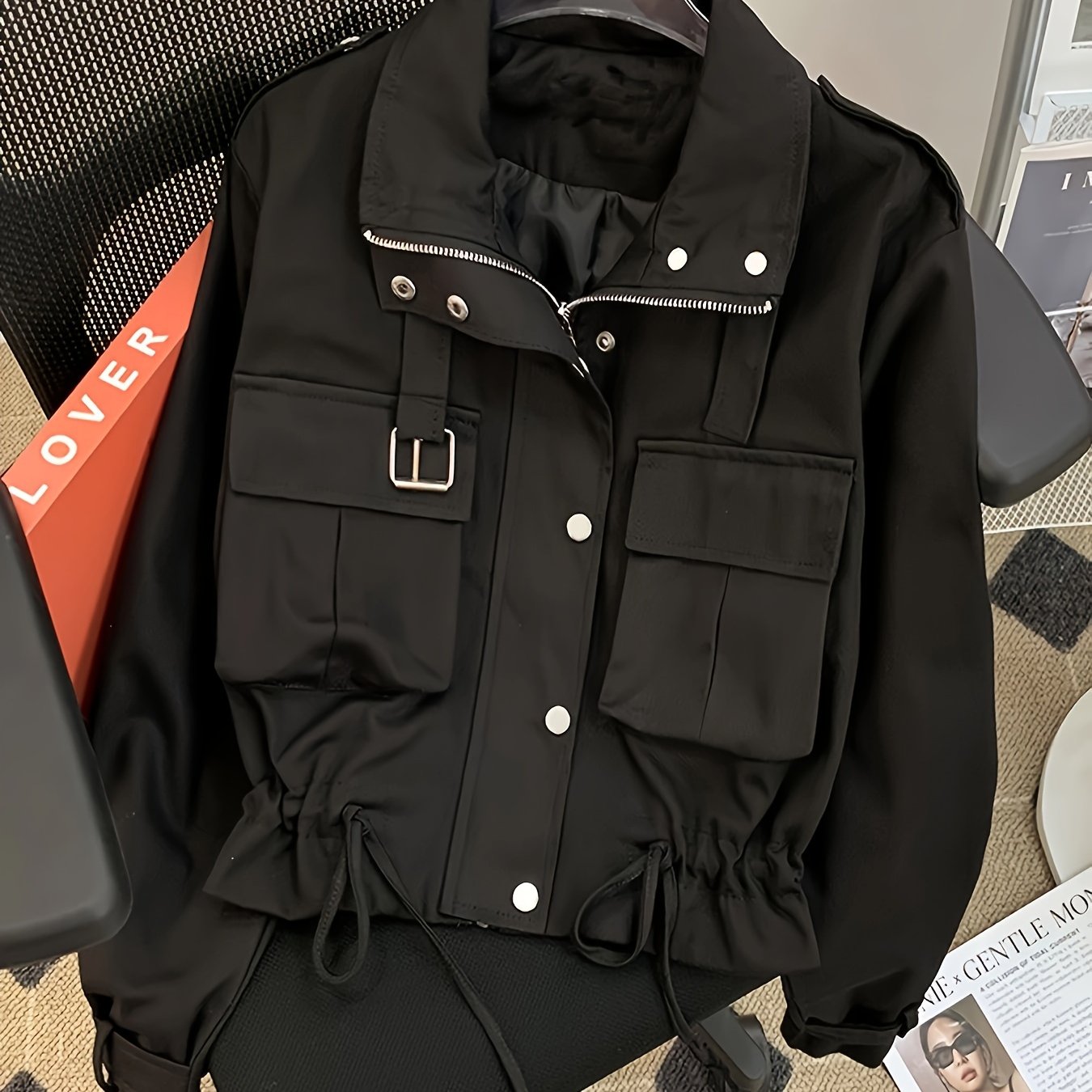 Spring And Autumn Women's Workwear Jacket With Multiple Pockets, Stand Collar Design, Drawstring Waist Cinch - Versatile Stylish Outerwear For Outfits
