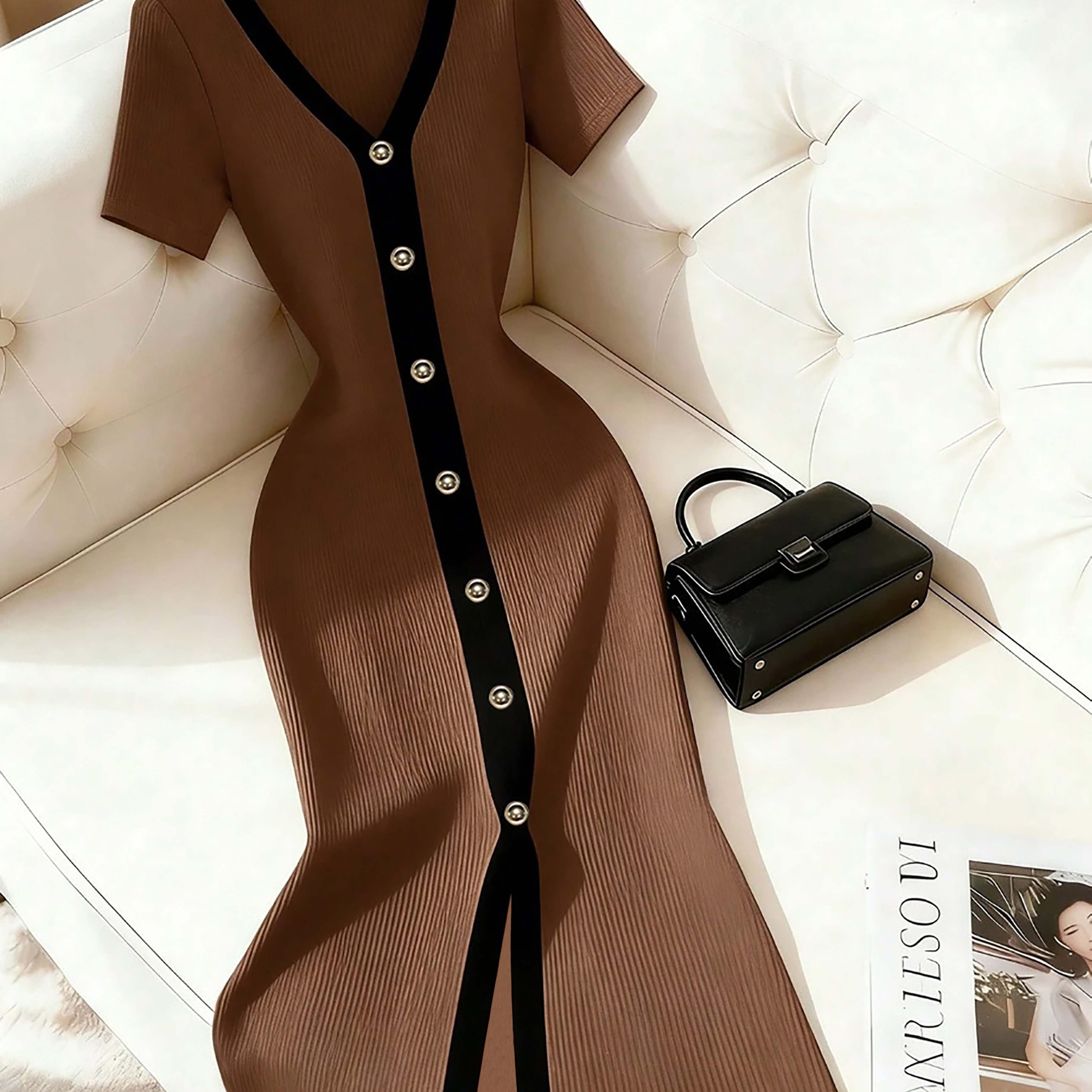 TEMU Robe Slim Décontractée à Rayures Contrastées et Col en V pour Femmes