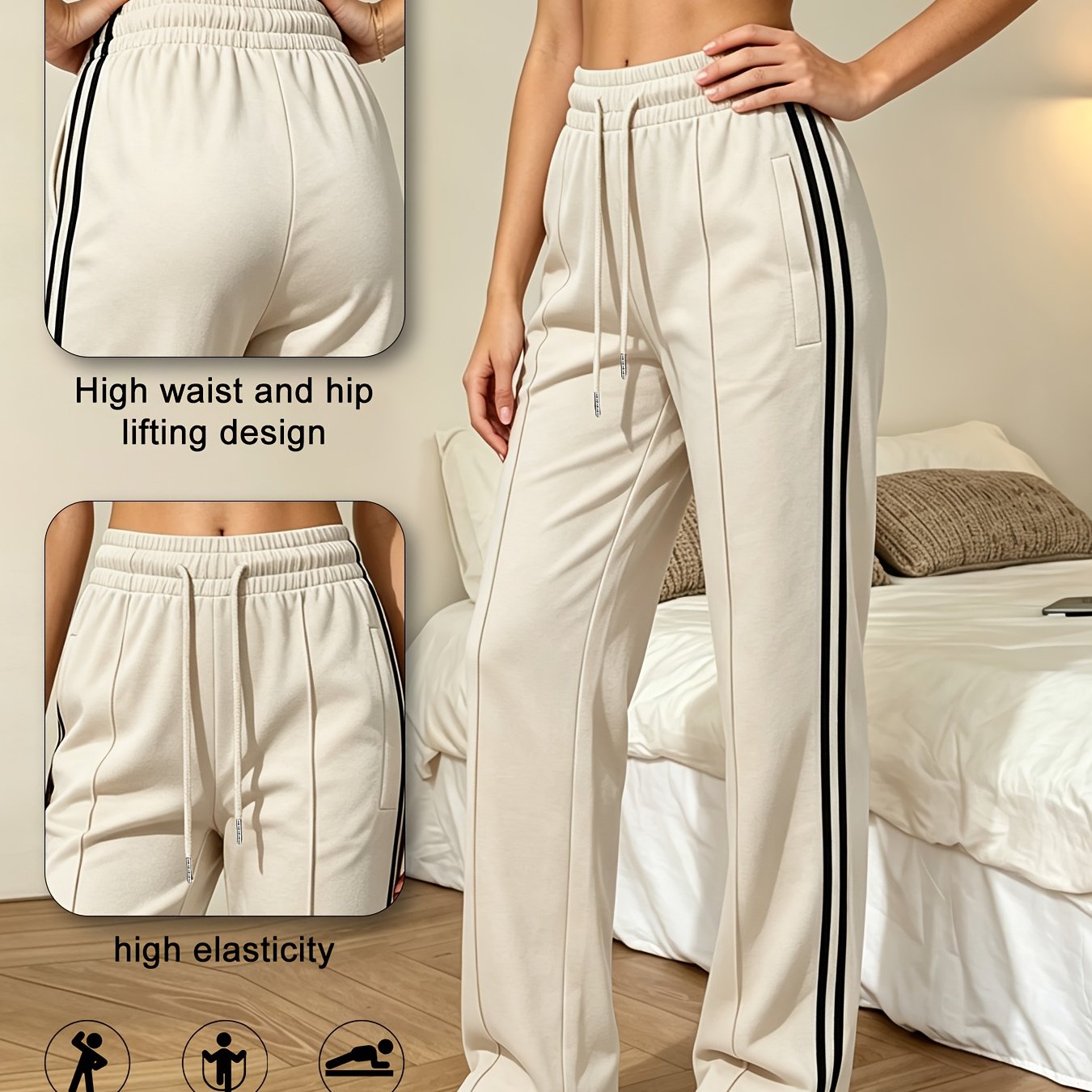 TEMU (dj) Elastic Waist Drawstring Striped Wide Leg Joggers Women, Loose Straight Casual Pants With Side Pockets