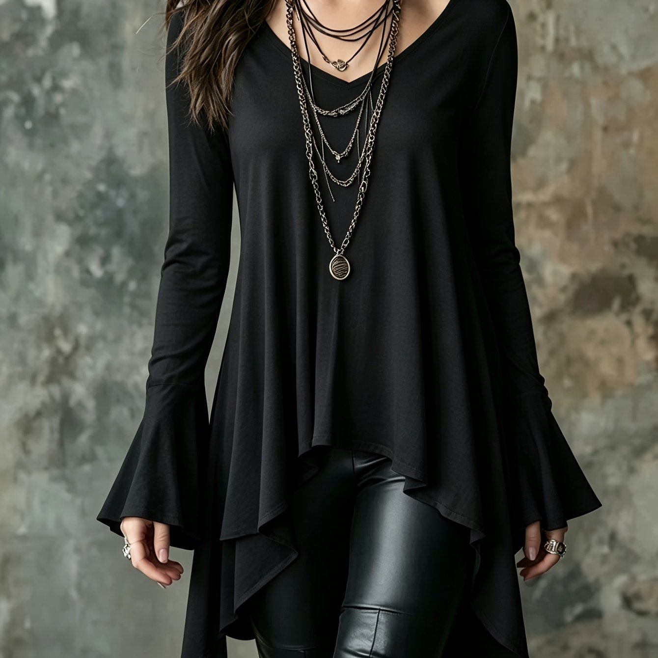 TEMU Plus Size - Women's Plus Size V-neck Top, Elegant Comfortable Easy Solid Color Plus Size Women's Clothing With Irregular Hem And V-neck Long