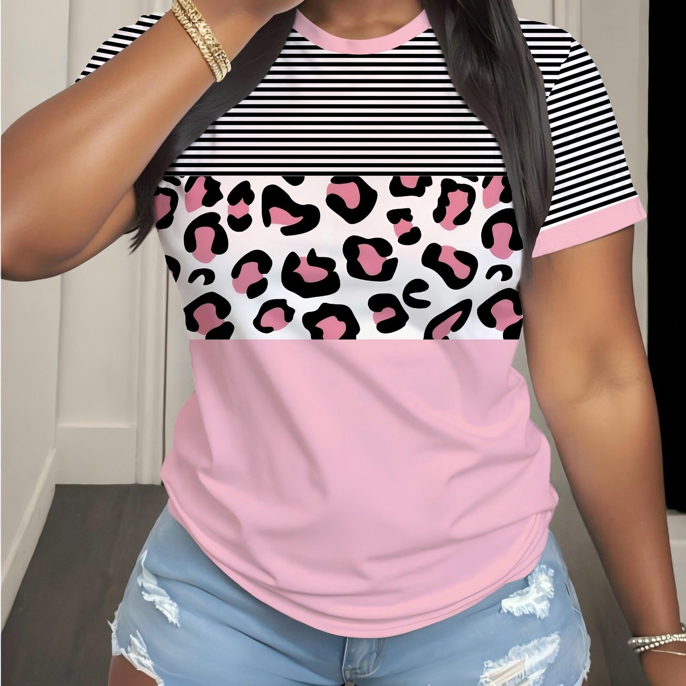 TEMU A Women's Pink Leopard Print Striped T-shirt, Made Of Soft And Comfortable Fabric, Casual And Cute, Suitable For , Autumn Clothing