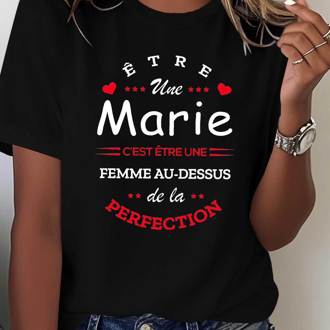TEMU T-Shirt Femme avec Slogan Français "Être Une Marie C'est Être au-Dessus de la Perfection" - Haut à Française en Tissu Moyennement Élastique,