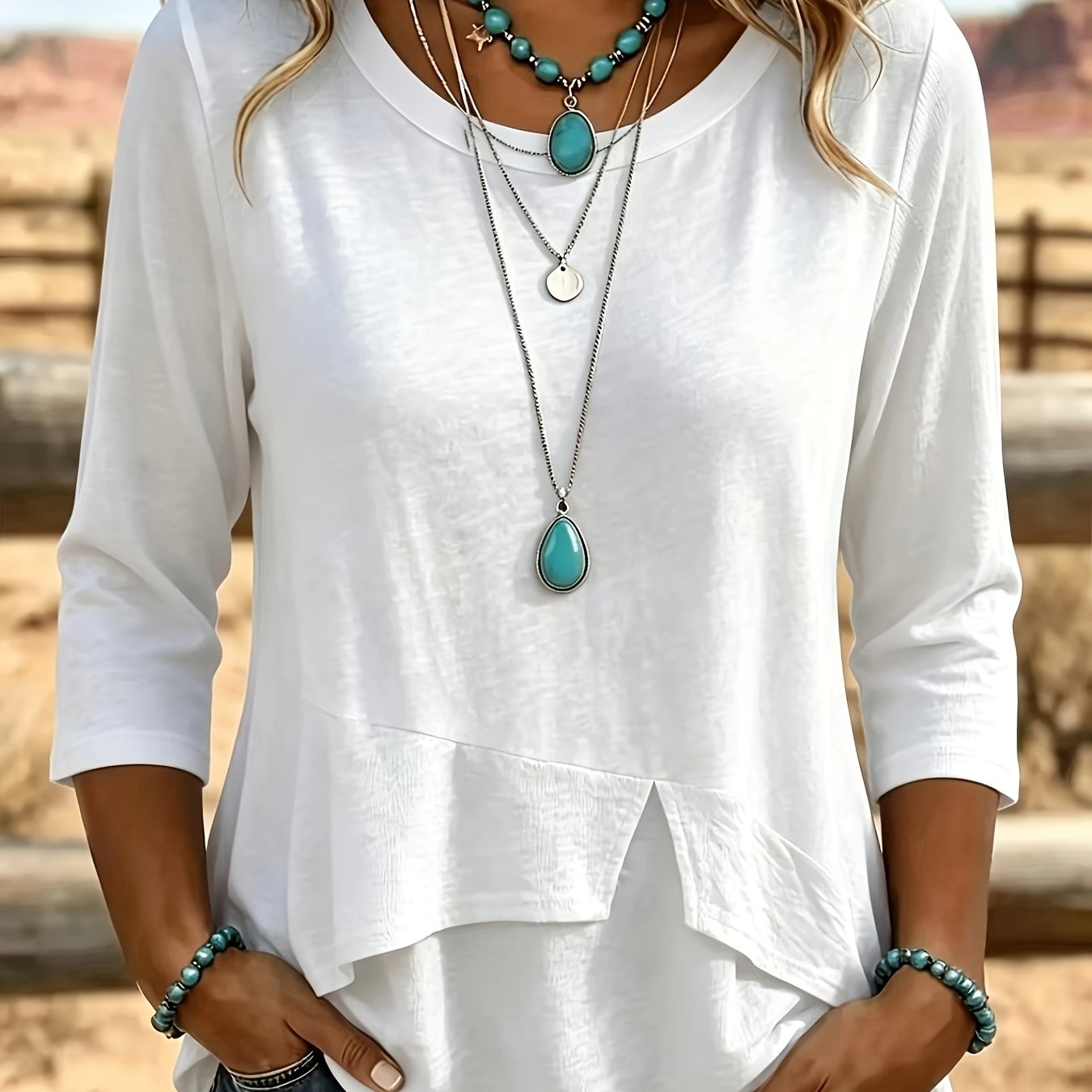 TEMU Elegant Women's Round Neck T-shirt With And 3/4 Length Sleeves Made Of Fabric