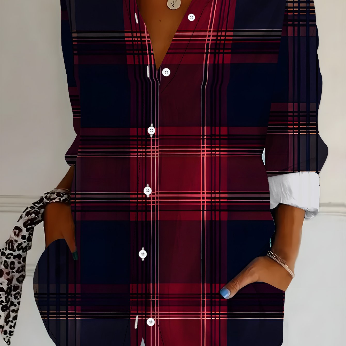 TEMU Plus Size Women's Long Sleeve Shirt, Classic Style, Loose Printed Shirt, Red Black Checkered Elements, Mid-length Women's Long Sleeve Collared