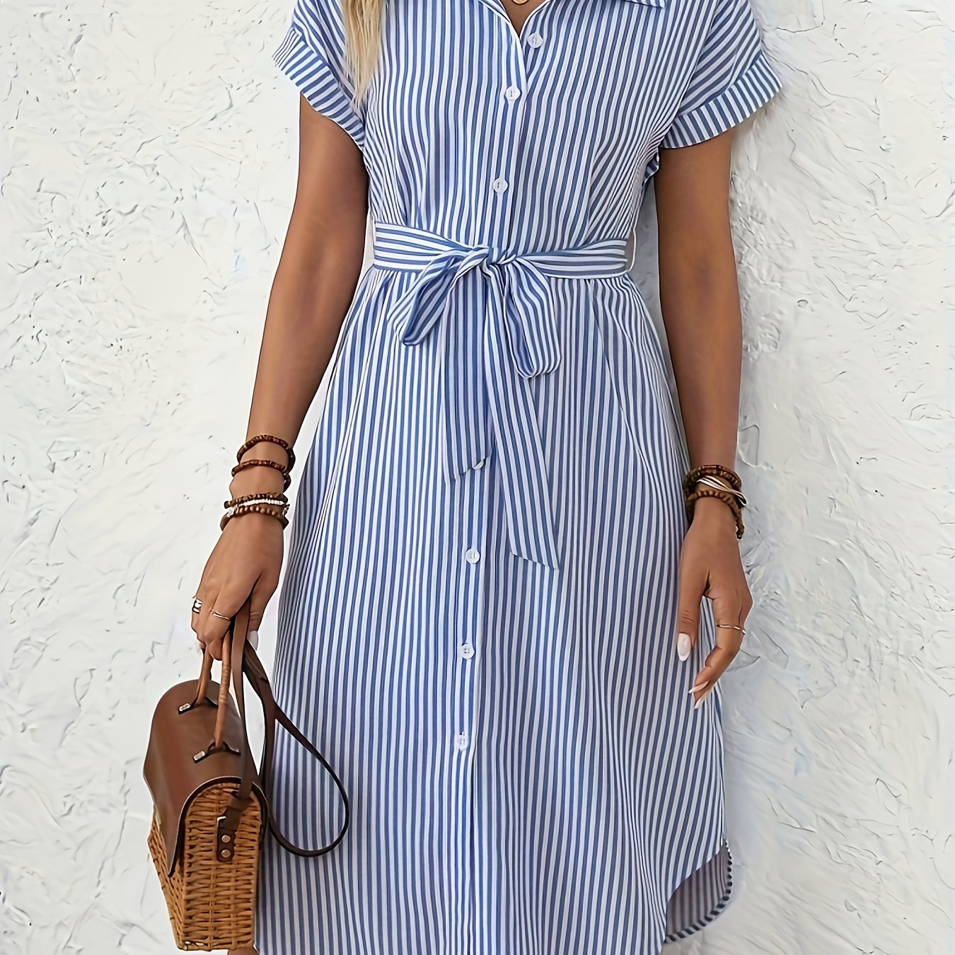 TEMU Striped Short-sleeve Shirt Dress With Belt