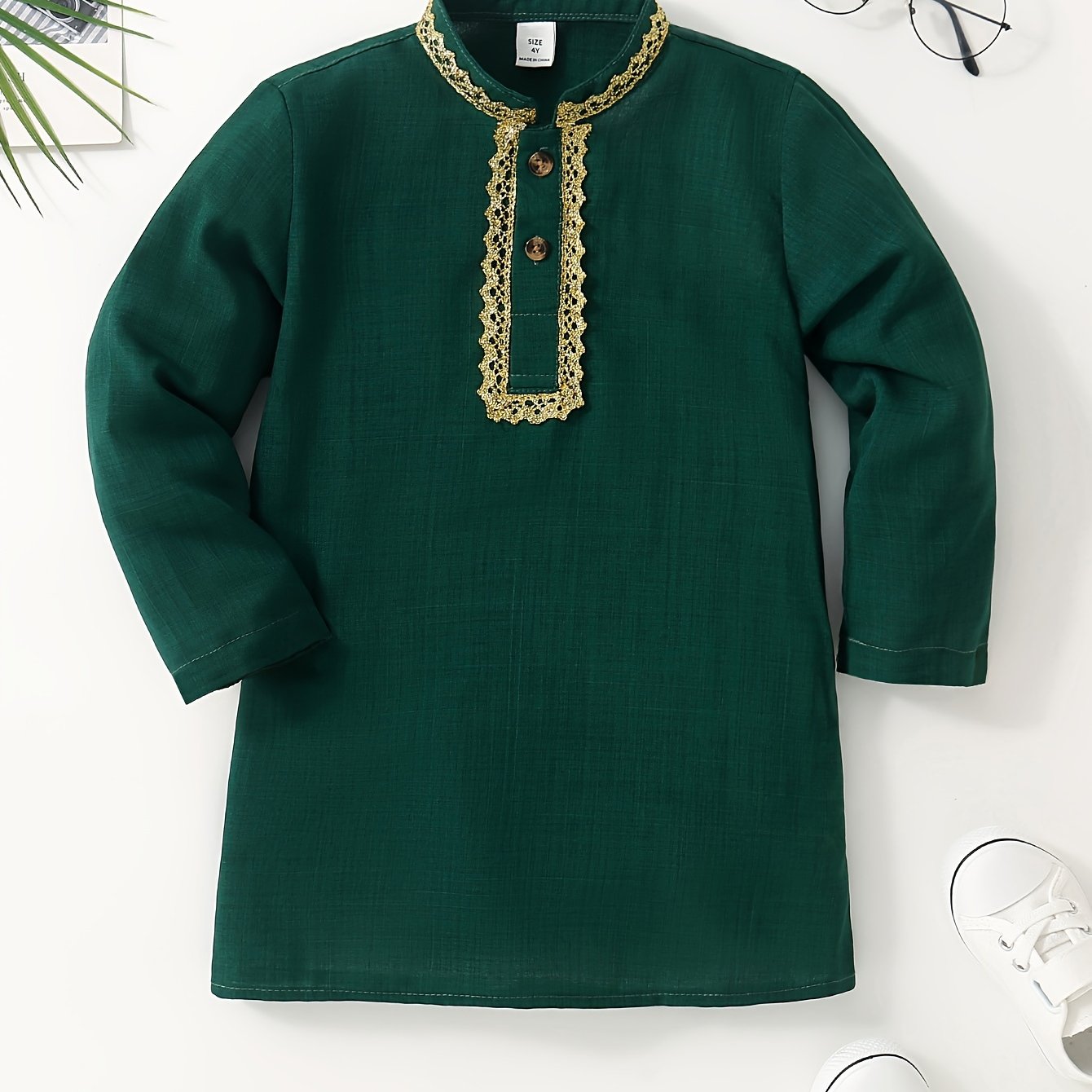 Boys' Solid Color Long-sleeve Shirt For Spring/autumn, Long Length, Outerwear, Gift For Eld, Gift For Ramadan