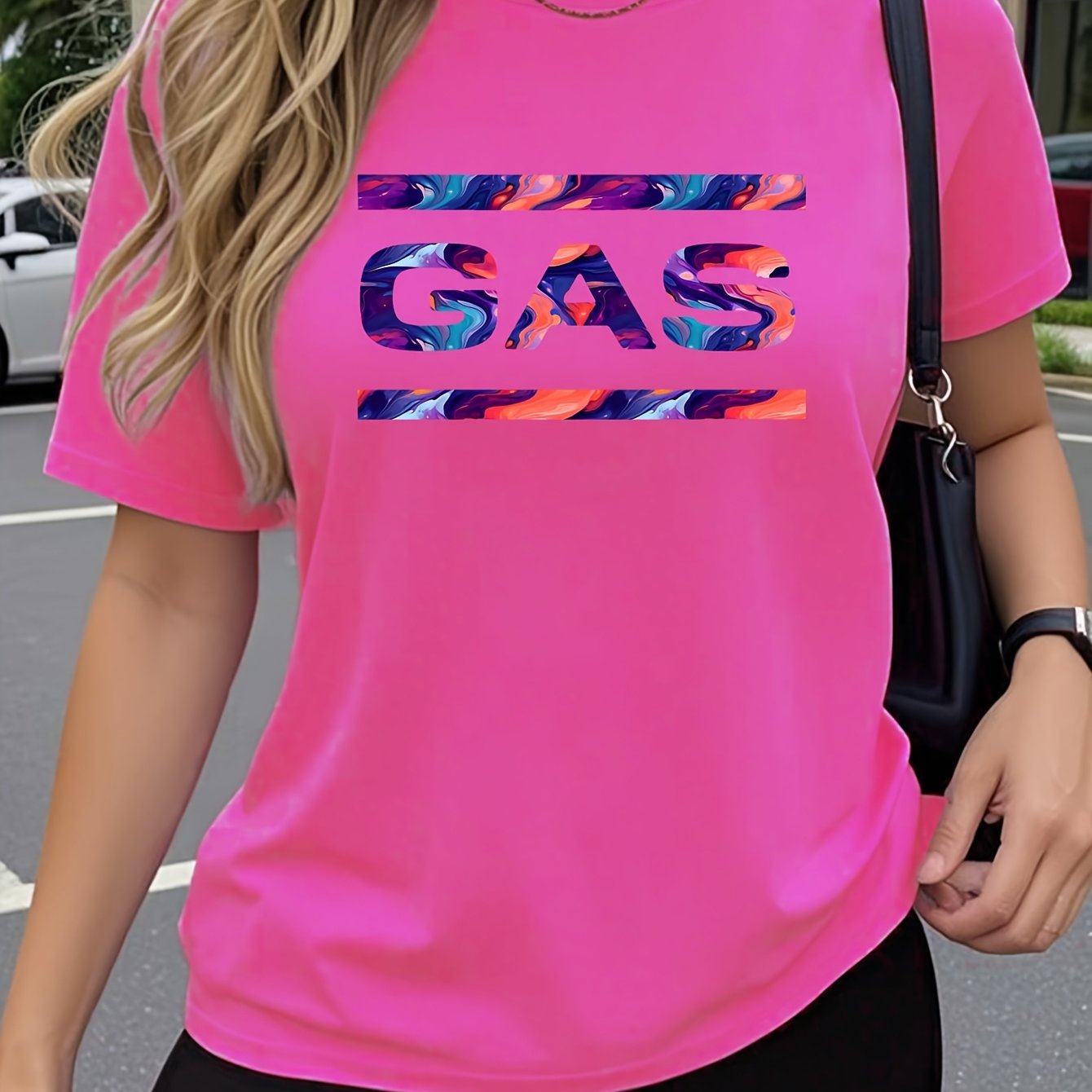 TEMU T-shirt a maniche corte da donna, vivace design con scritta GAS, trendy, , , divertente, con stampa , traspirante, , , top, completo da esterno