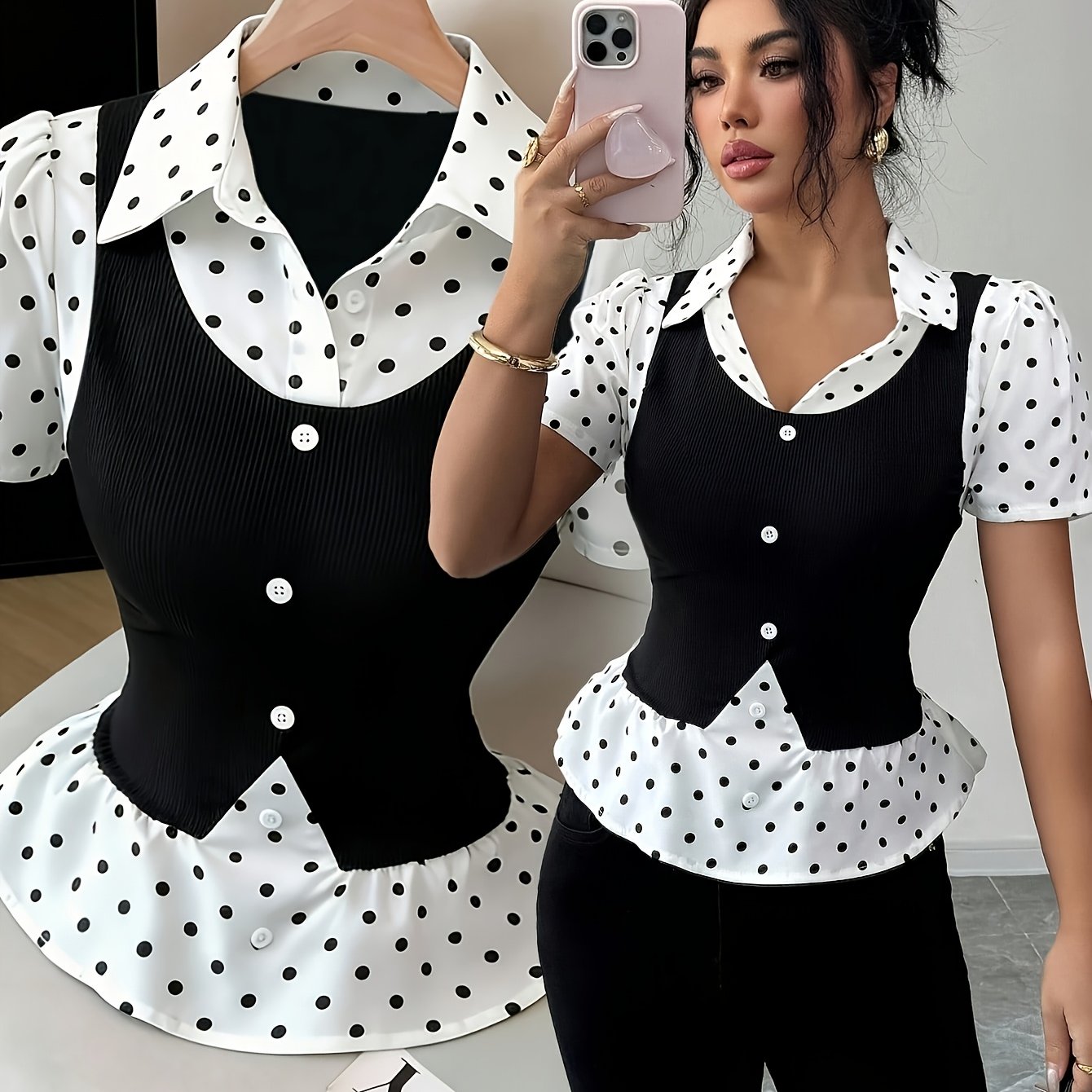 TEMU Women's Black And White Polka Dot Printed Ribbed Shirt With Collar And Short Sleeves, Elegant And Exquisite, Suitable For Valentine's Day,