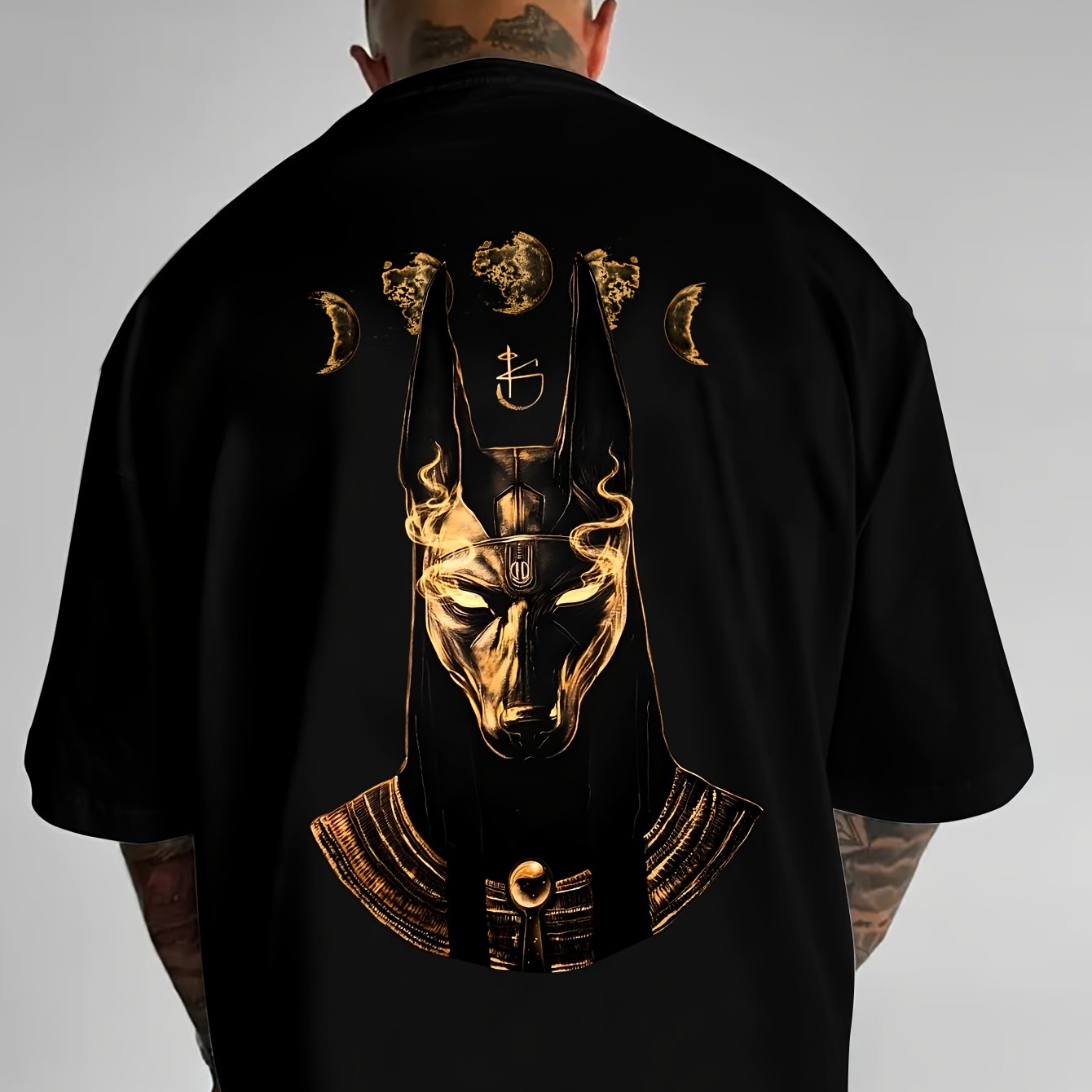 TEMU Dark Style Round Neck T-shirt, Ancient Egyptian Mythology Creation Guardian, Underworld Guide "" Print T-shirt, Summer Outdoor, Breathable And