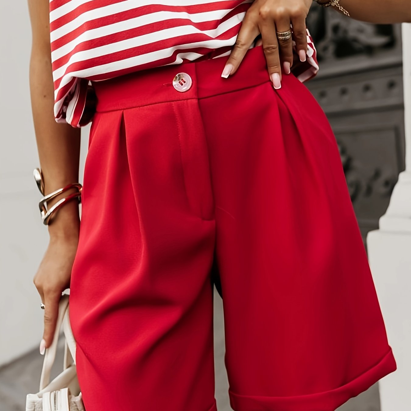 TEMU Women's Elegant, Smooth, Wrinkle-resistant High-waist Shorts With Suit-like Texture, Rolled , Versatile For Daily Commuting And Dates, And