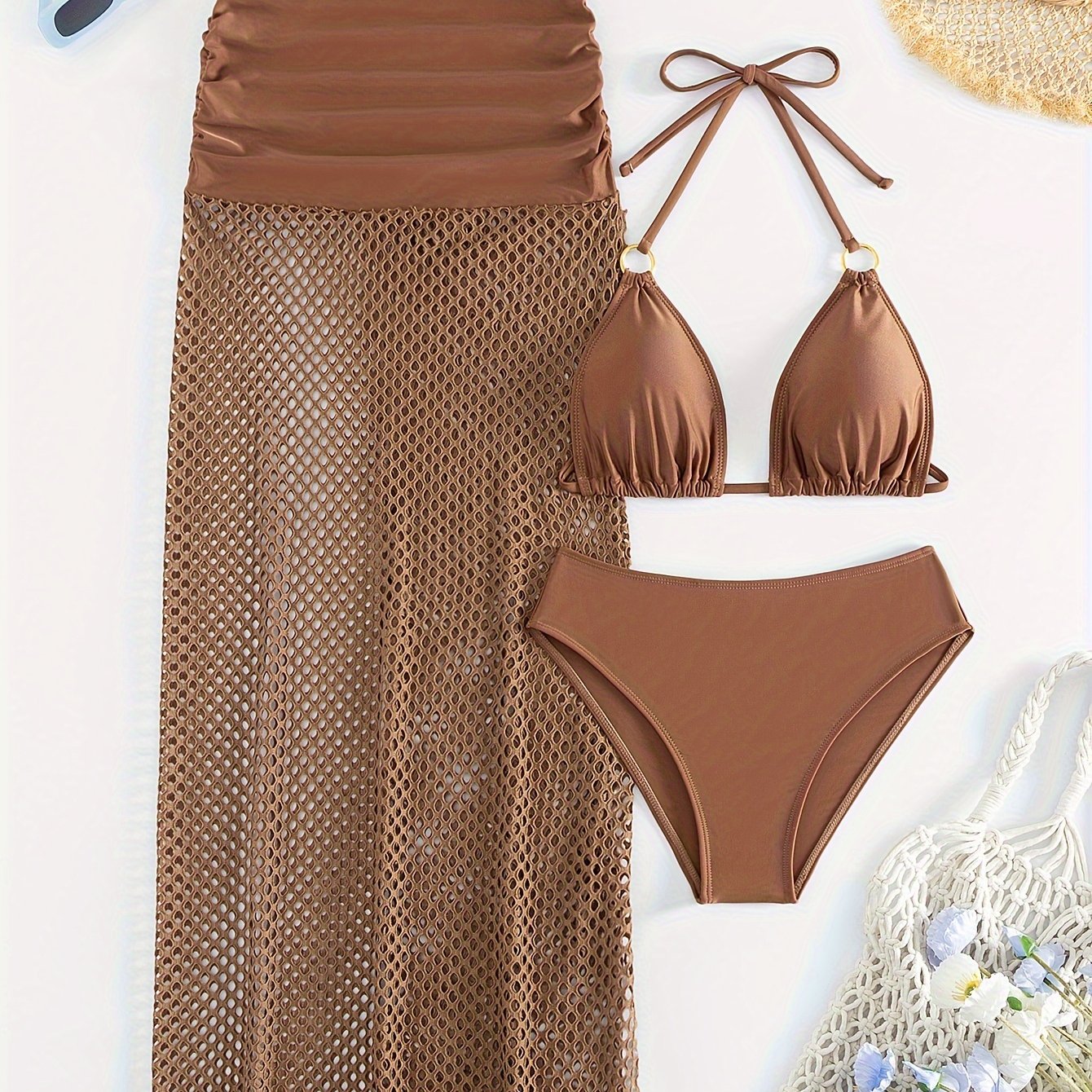 E-shop Damen Sommer Strand Rückenfreies Bikini-Set mit Rock – Dreiteiliges Set