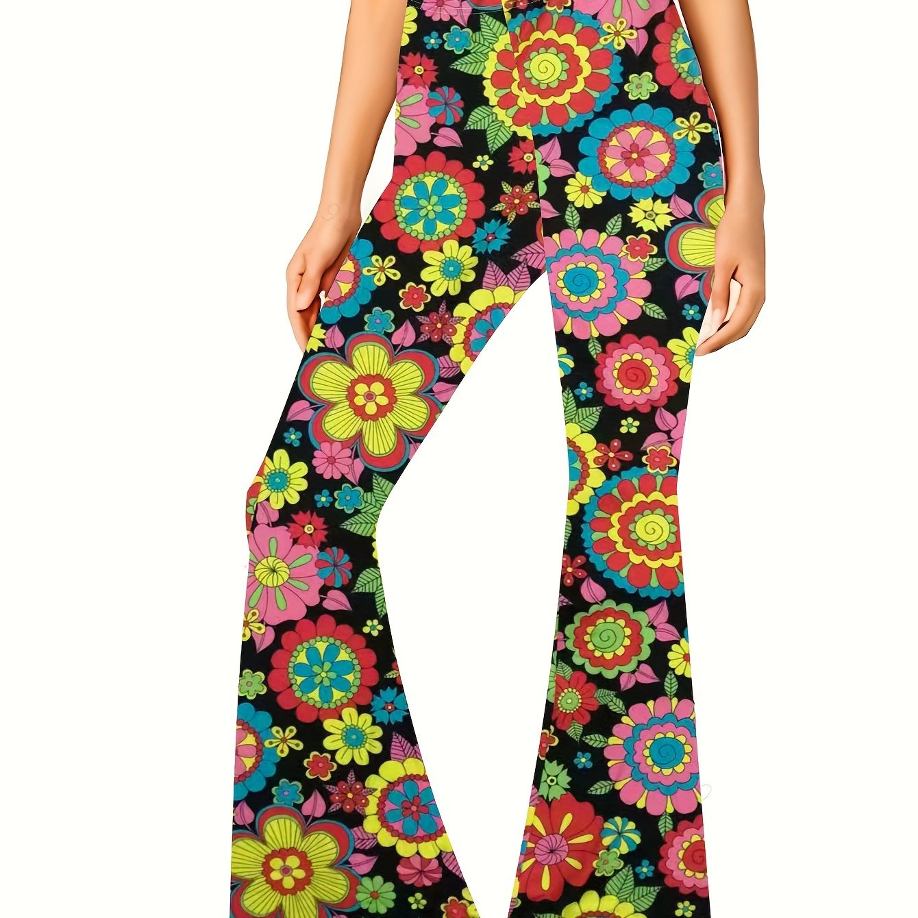 Women's High-waist Stretchy Flare Pants With Colorful Floral Print - Casual & Sporty, Machine Washable