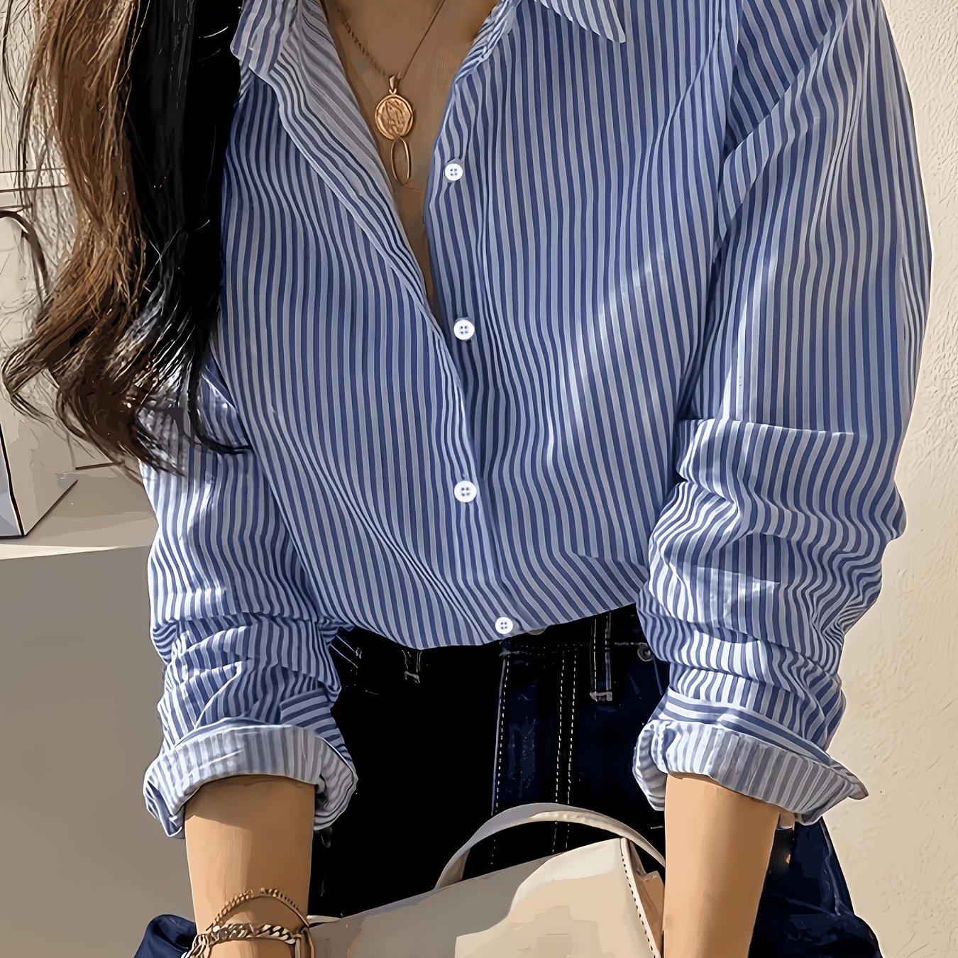 TEMU Women's Four-season Striped Commuter Elegant Shirt
