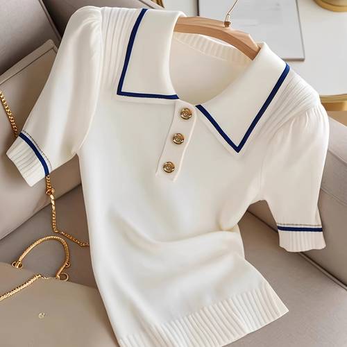 womens elegant collar top white with navy short sleeve button front design premium breathable fabric for spring summer fall versatile casual to semi formal wear seasonal wardrobe staple sophisticated style durable construction stylish blouse fashionconscious women