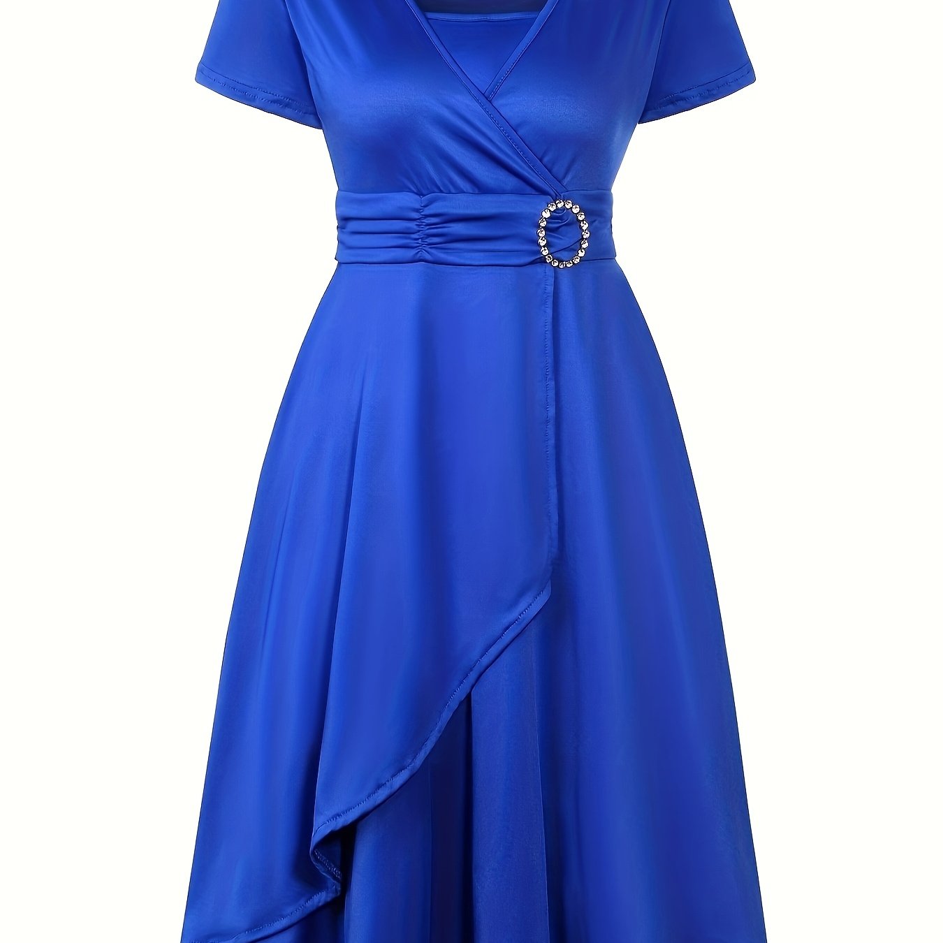 Image of Women's Plus Size Elegant Stretch A-line Dress - Cross Neck With Belt Detail, Machine Washable Solid Color Versatile For Weddings, Parties & Daily Wear, Wedding Guest Attire, Highelasticity Fabric