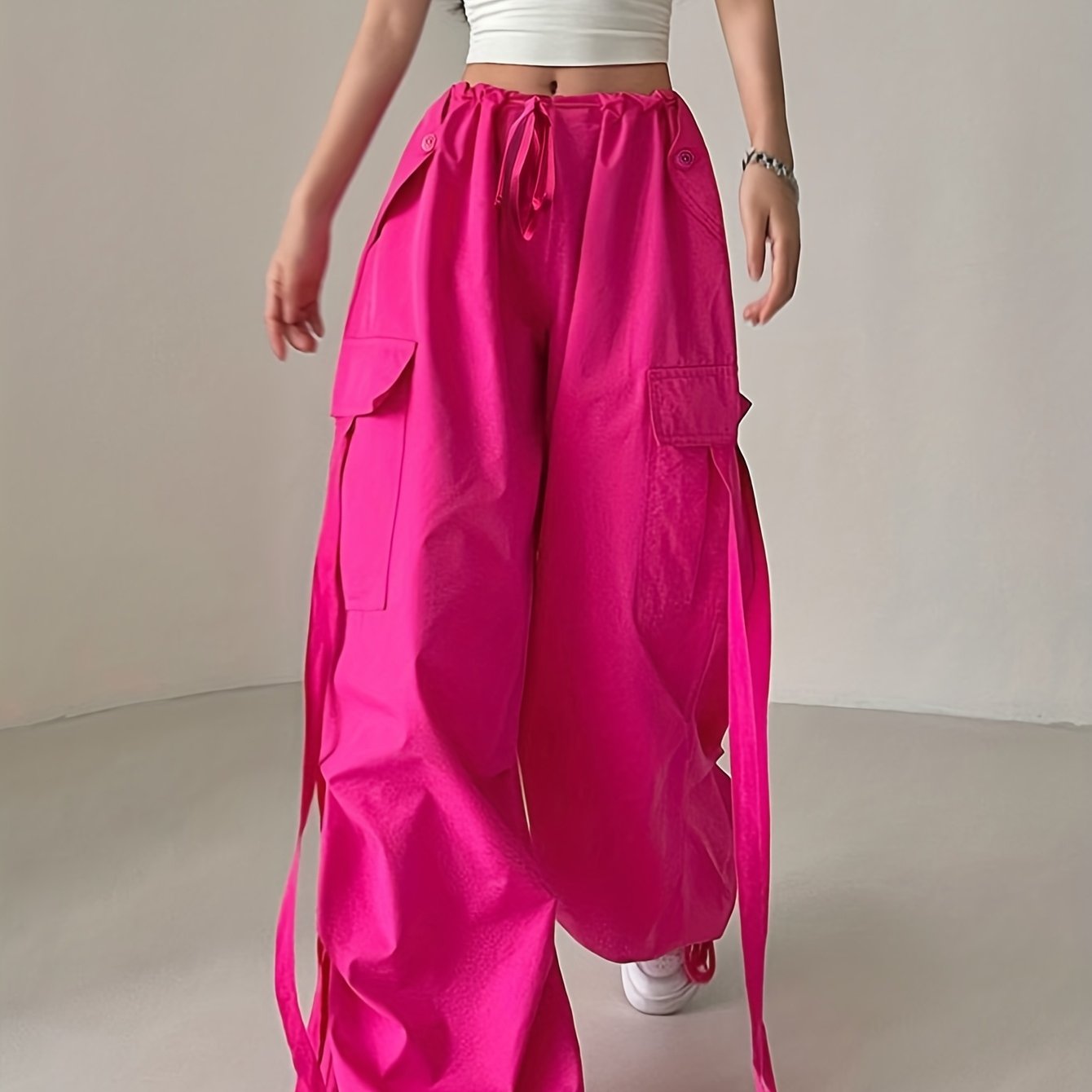 E-shop Streetstyle Locker Geschnittene Hose mit Kordelzug, Knöchel-Tuch, Mode Utility Hose, Weite Beine, Lässige Lange Hosen
