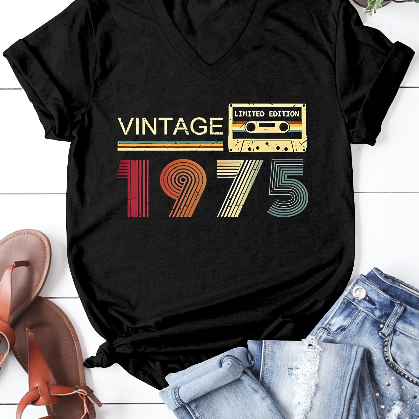 TEMU T-shirt Vintage 1975 pour Femme, Style Européen et Américain, Amusant et Tendance, à Col en V, En Stock