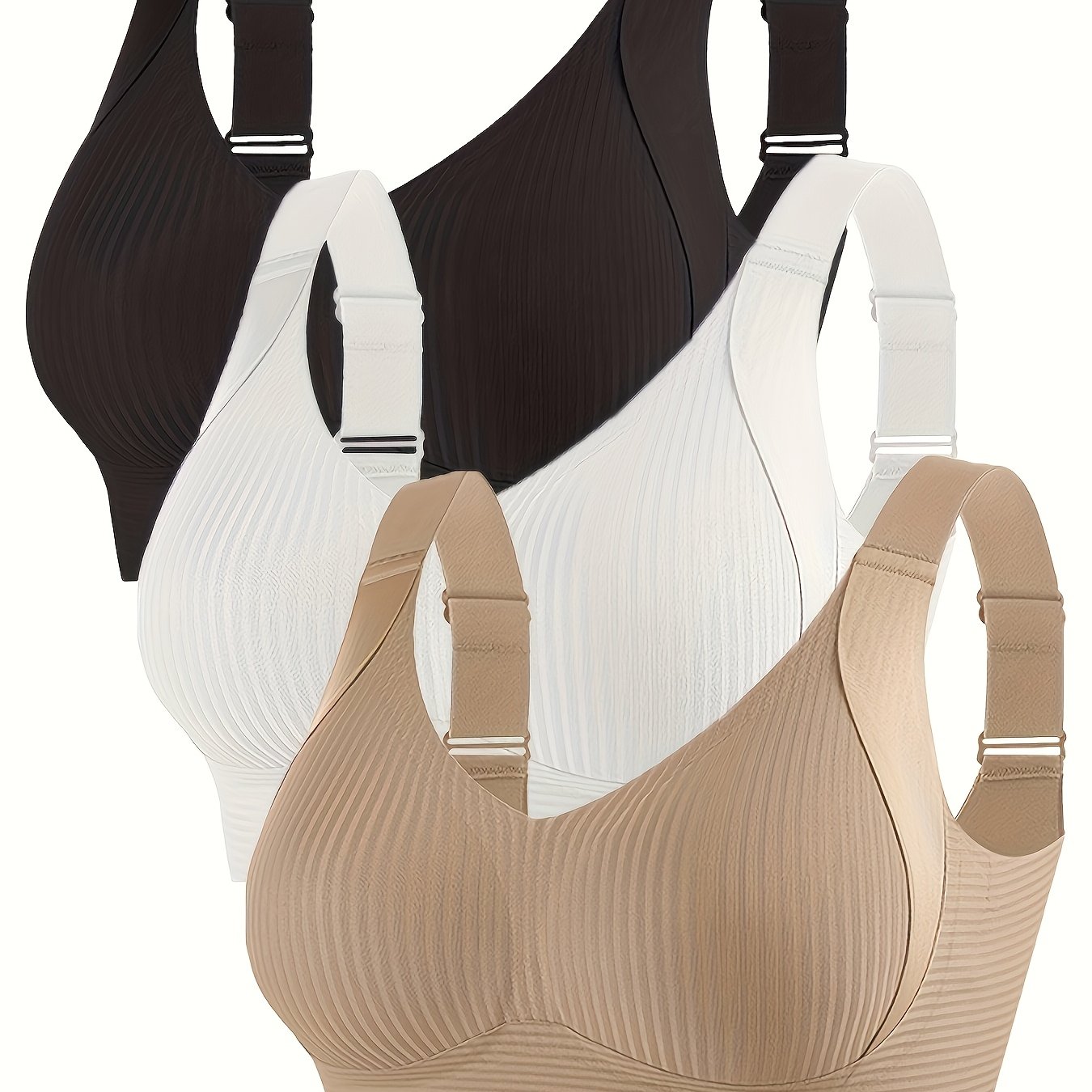 Image of 3pcs Black White Khaki Ribbed Seamless Underwear Lifting Women's Bra Gathering Adjustable Wide Straps, Contouring Fashion Comfortable With Padding Back Closure Lingerie