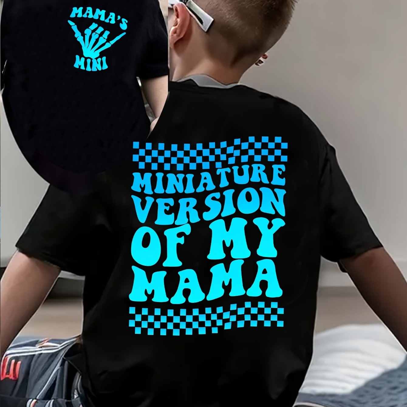 Image of Front And Back Double Print Tx21306 Boys' Miniature Version Of My Mama Blue Gradient Letter Print All-match Trendy T-shirt