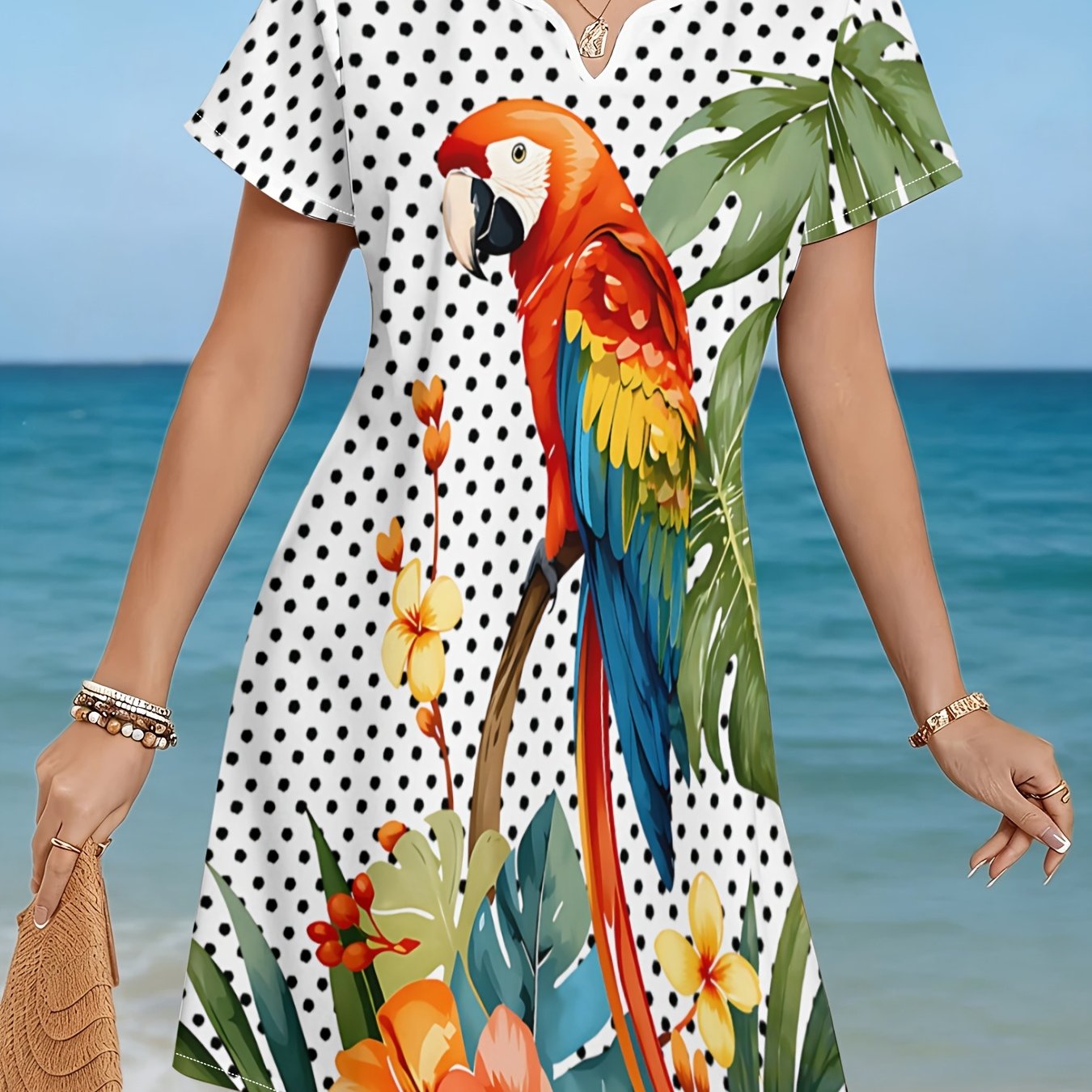 TEMU | V-neck Short-sleeve Dress With Colorful Macaw Print